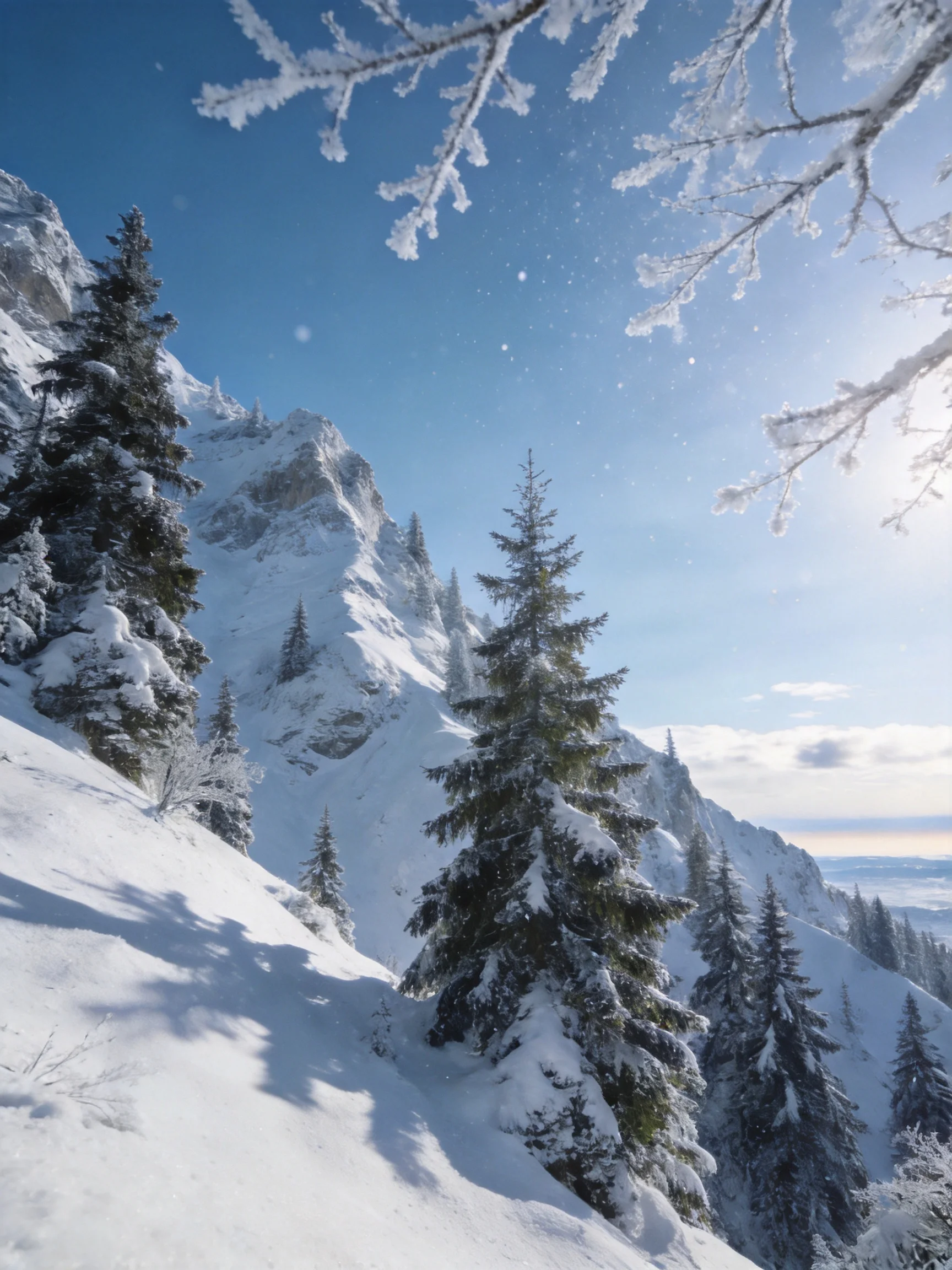 Snow-draped evergreen trees on mountain slopes under bright blue sky
