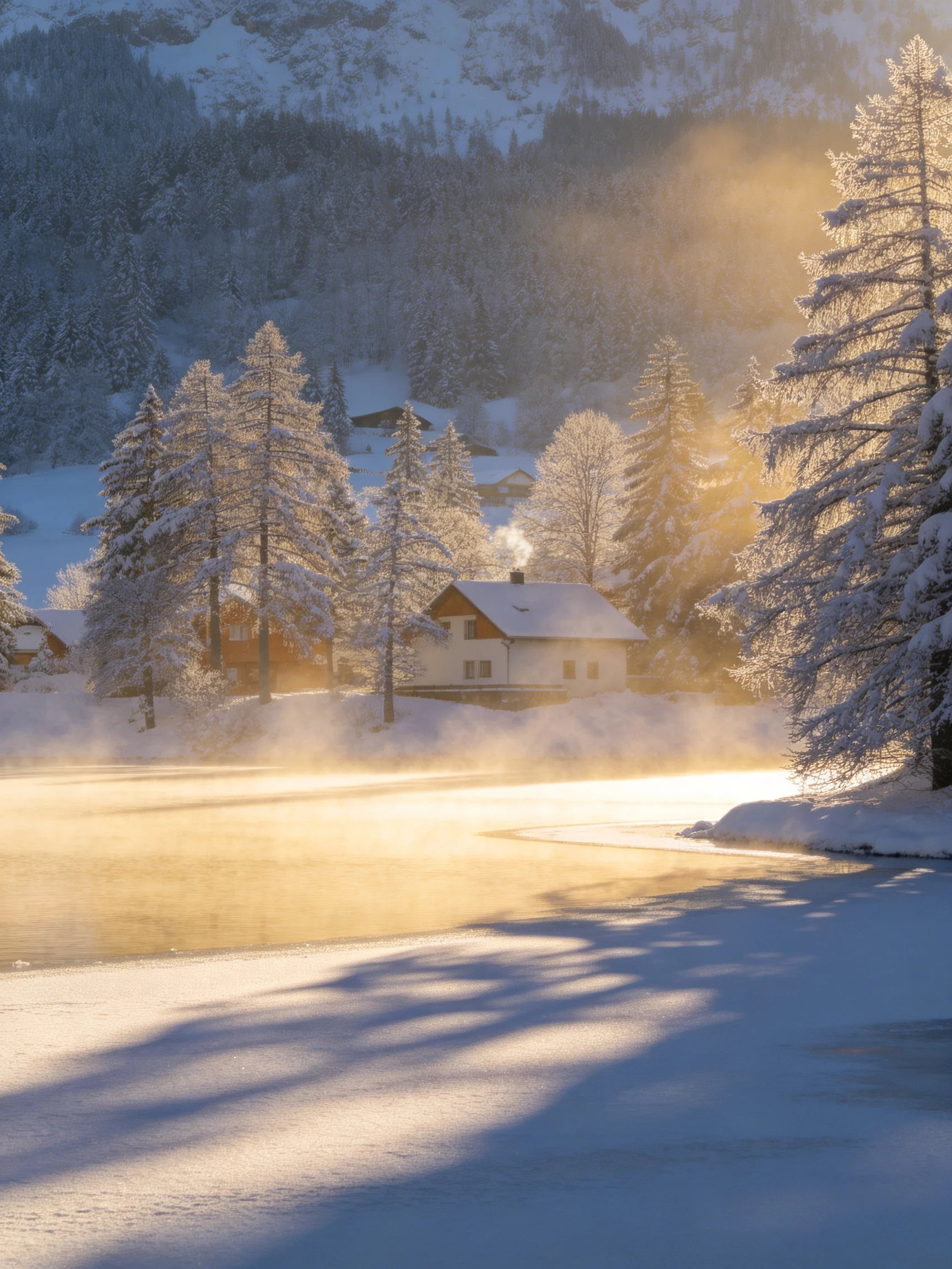 Snow-draped evergreens, cozy cottages, and a misty frozen lake under golden light