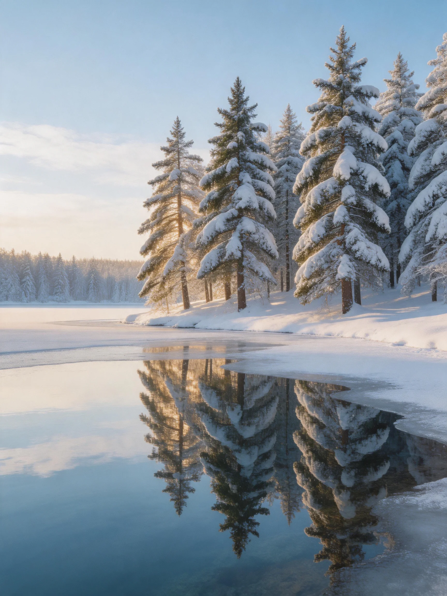 Snow-draped evergreens reflect in a frozen winter lake