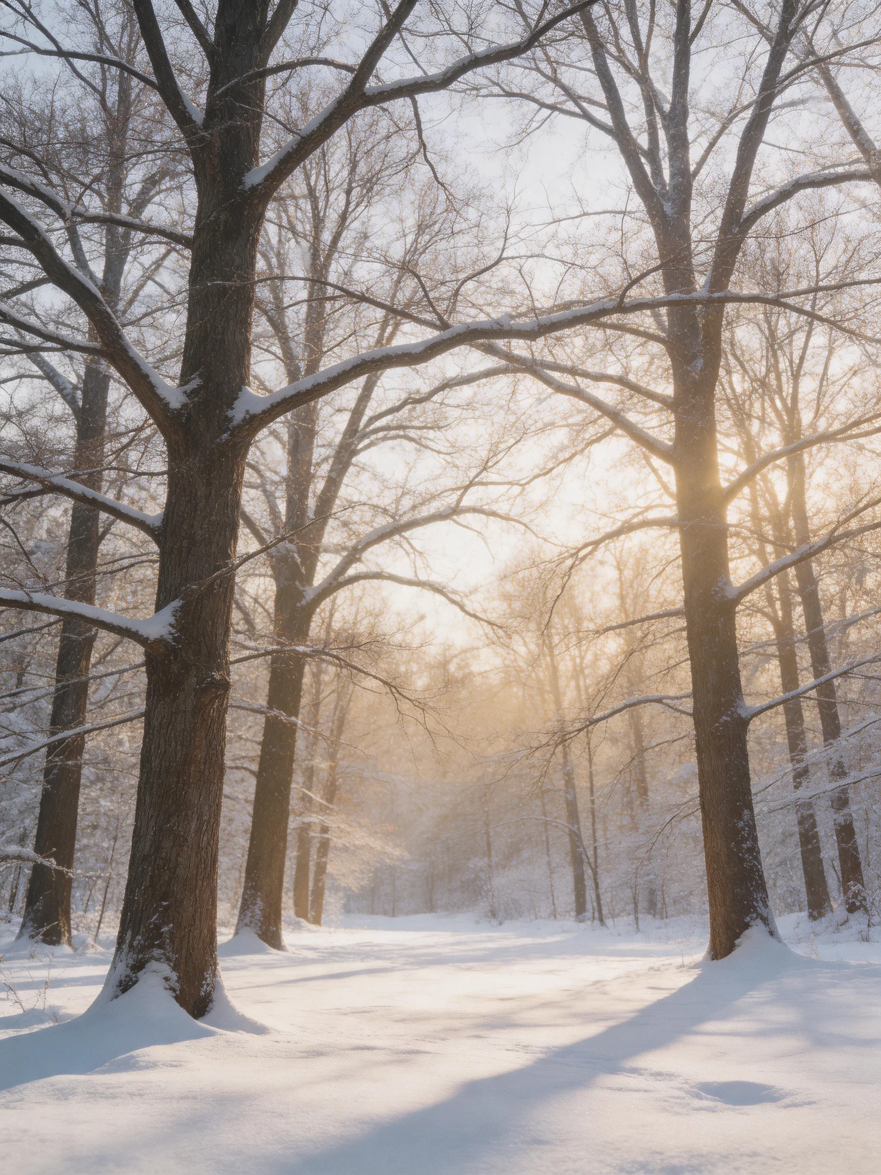 Snow-draped forest with tall bare trees and golden sunlight