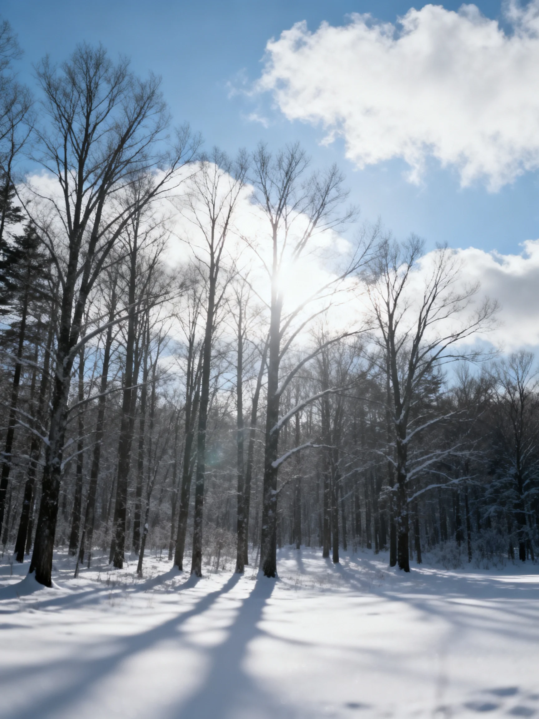 Snow-draped forest with tall bare trees under clear blue sky
