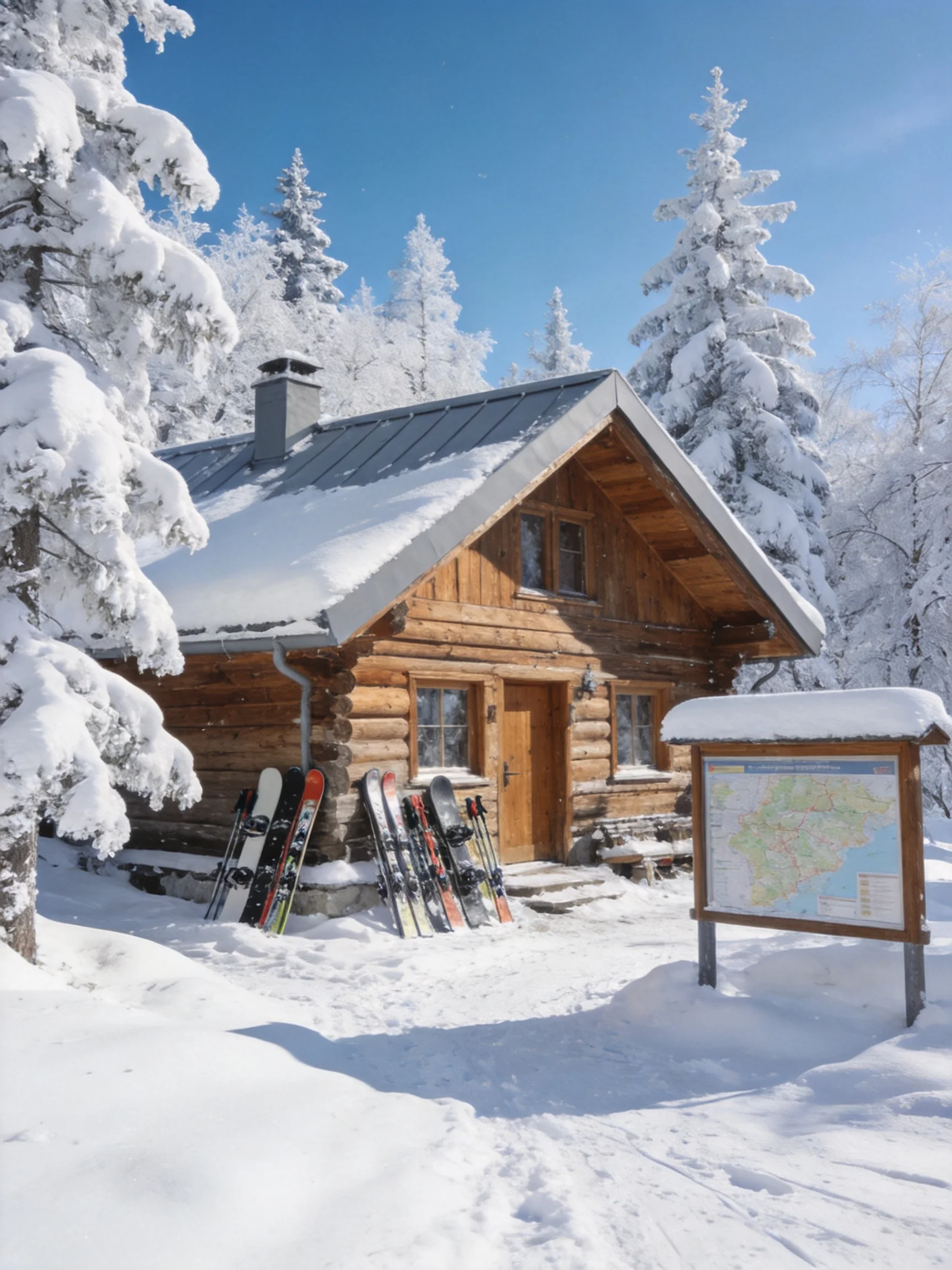 Snow-draped log cabin with skis near frosty evergreens