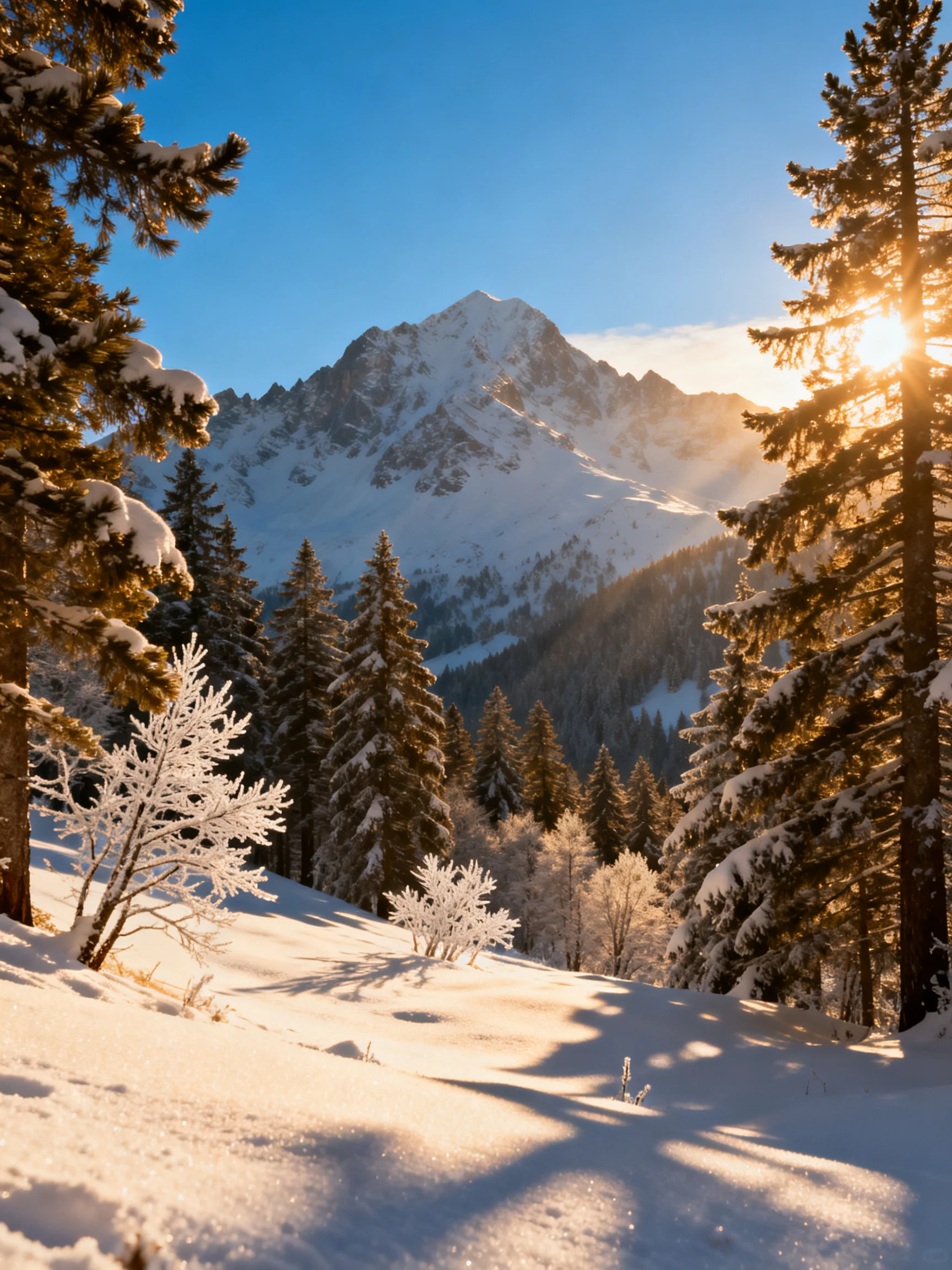 Snow-draped mountain with frosty evergreen forest under golden sunlight