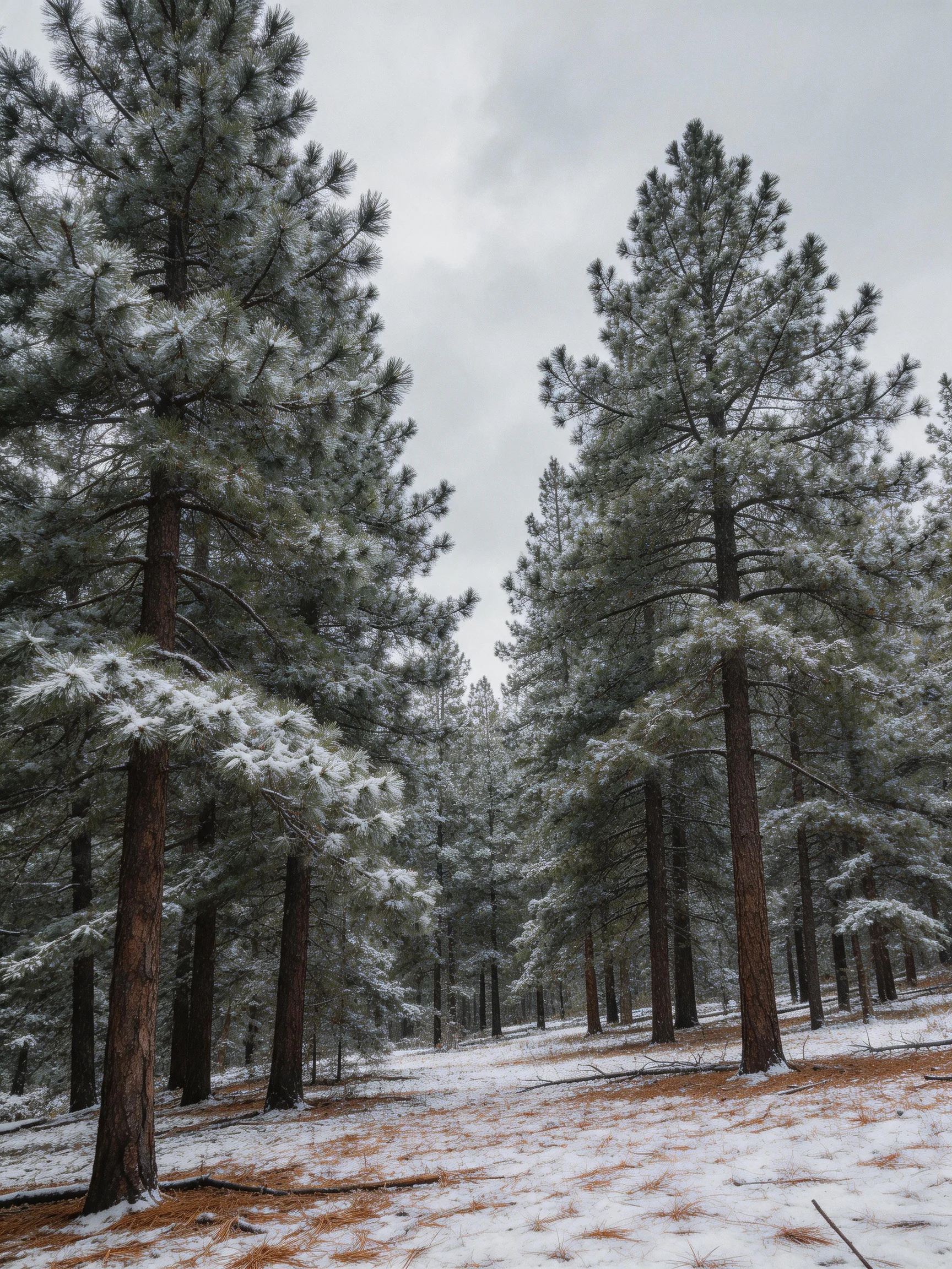 Snow-dusted Pine Forest with Tall Evergreen Trees