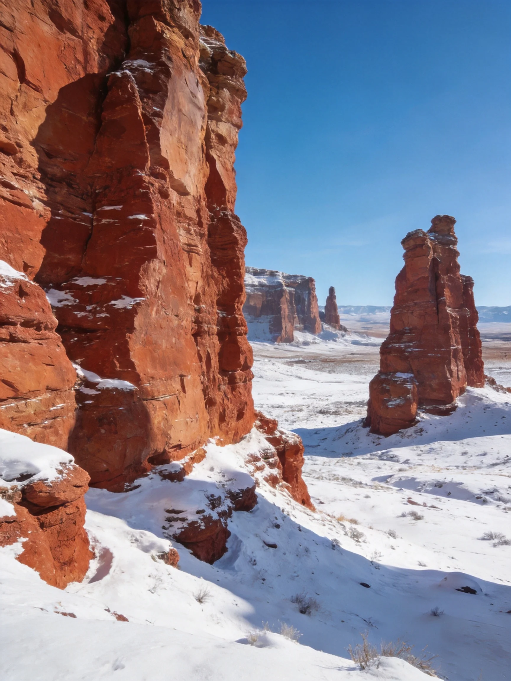 Snow-dusted Red Rock Formations Under Bright Blue Sky