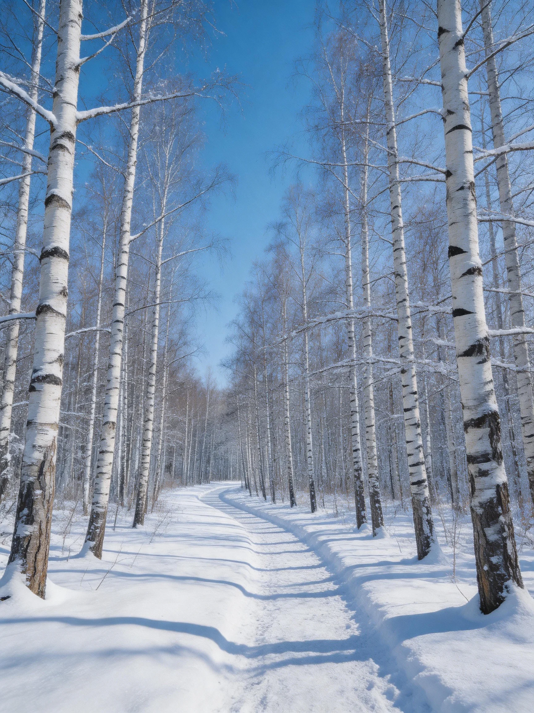Snow-dusted birch forest with winding snowy path under clear blue sky