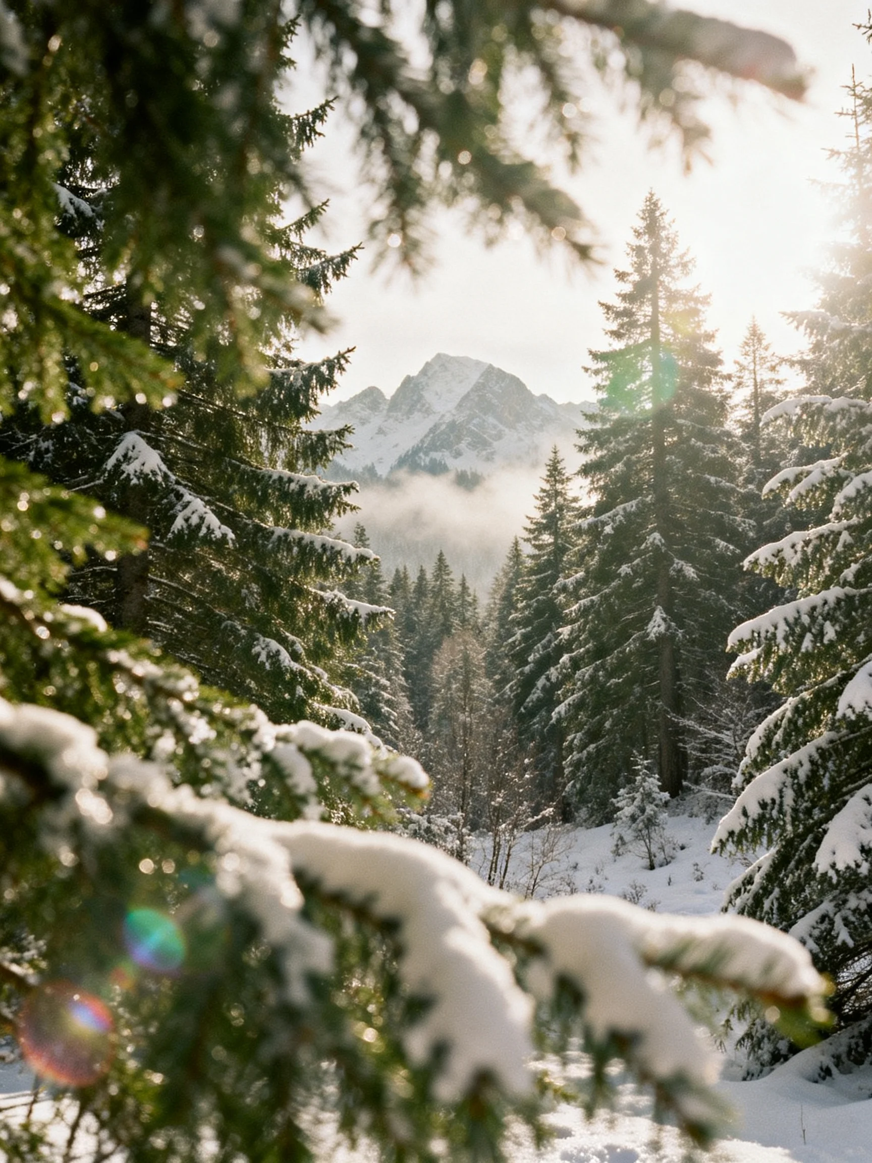 Snow-dusted evergreen forest with towering mountains and golden sunlight