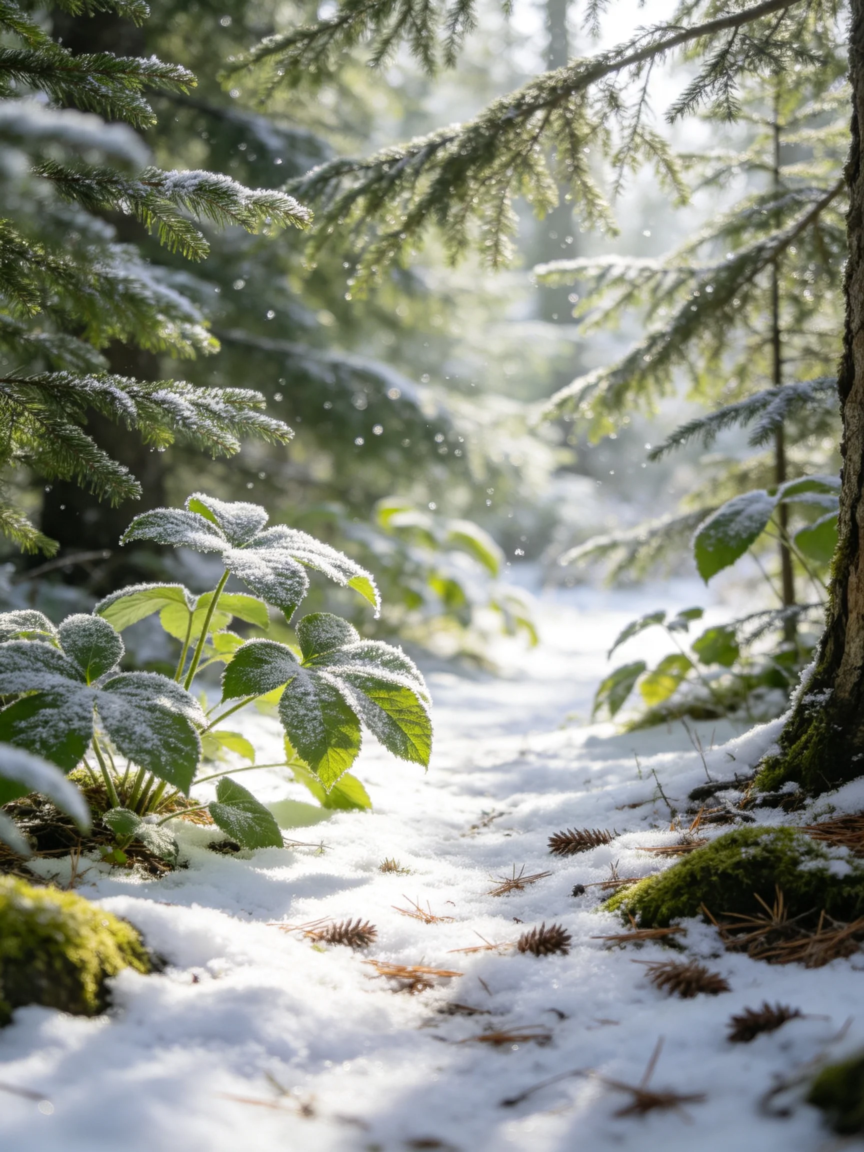 Snow-dusted forest path with evergreen trees and frosty vegetation