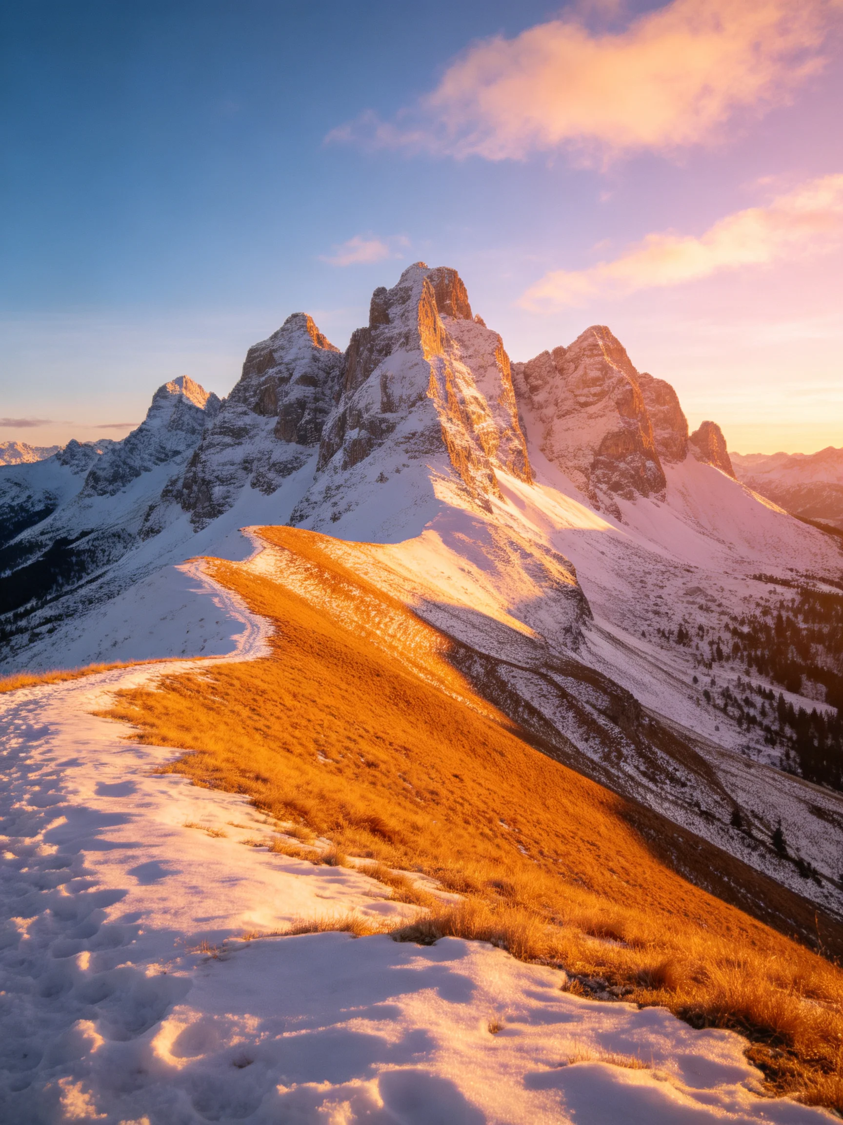 Snow-dusted mountain peaks illuminated by golden sunset