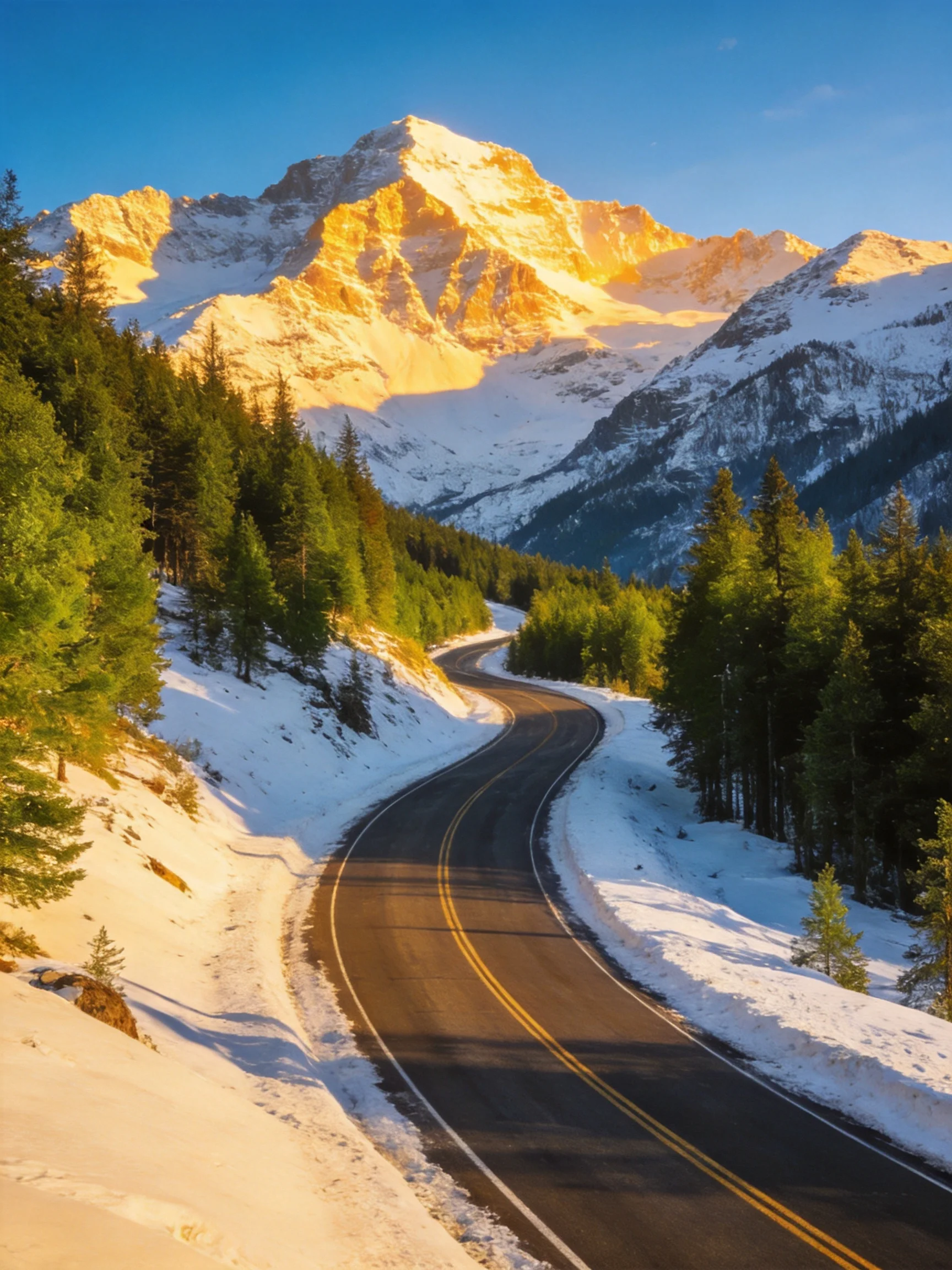 Snow-dusted road winds past evergreen forests toward glowing mountain peaks