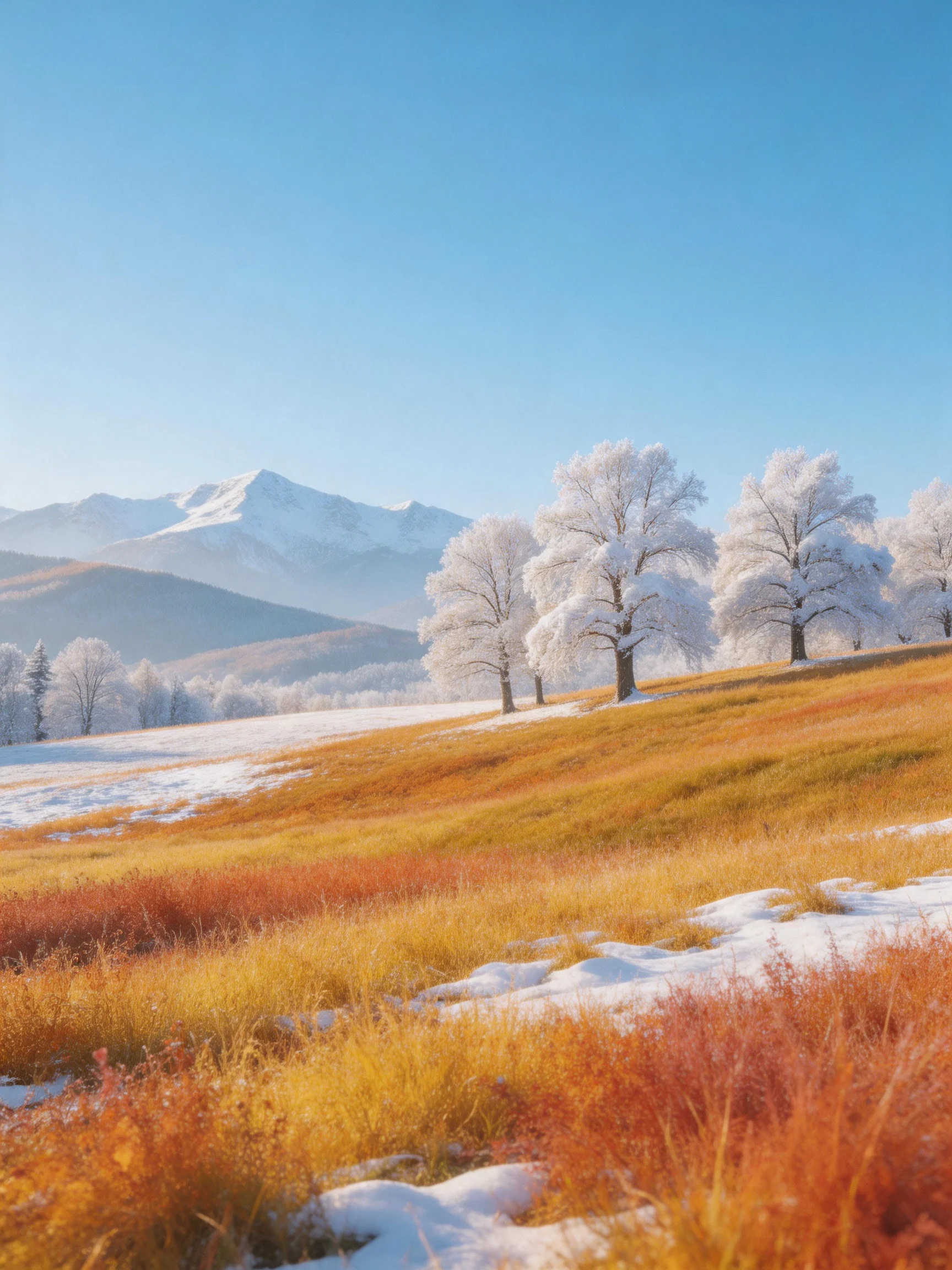 Snow-dusted trees amid golden fields near misty mountains