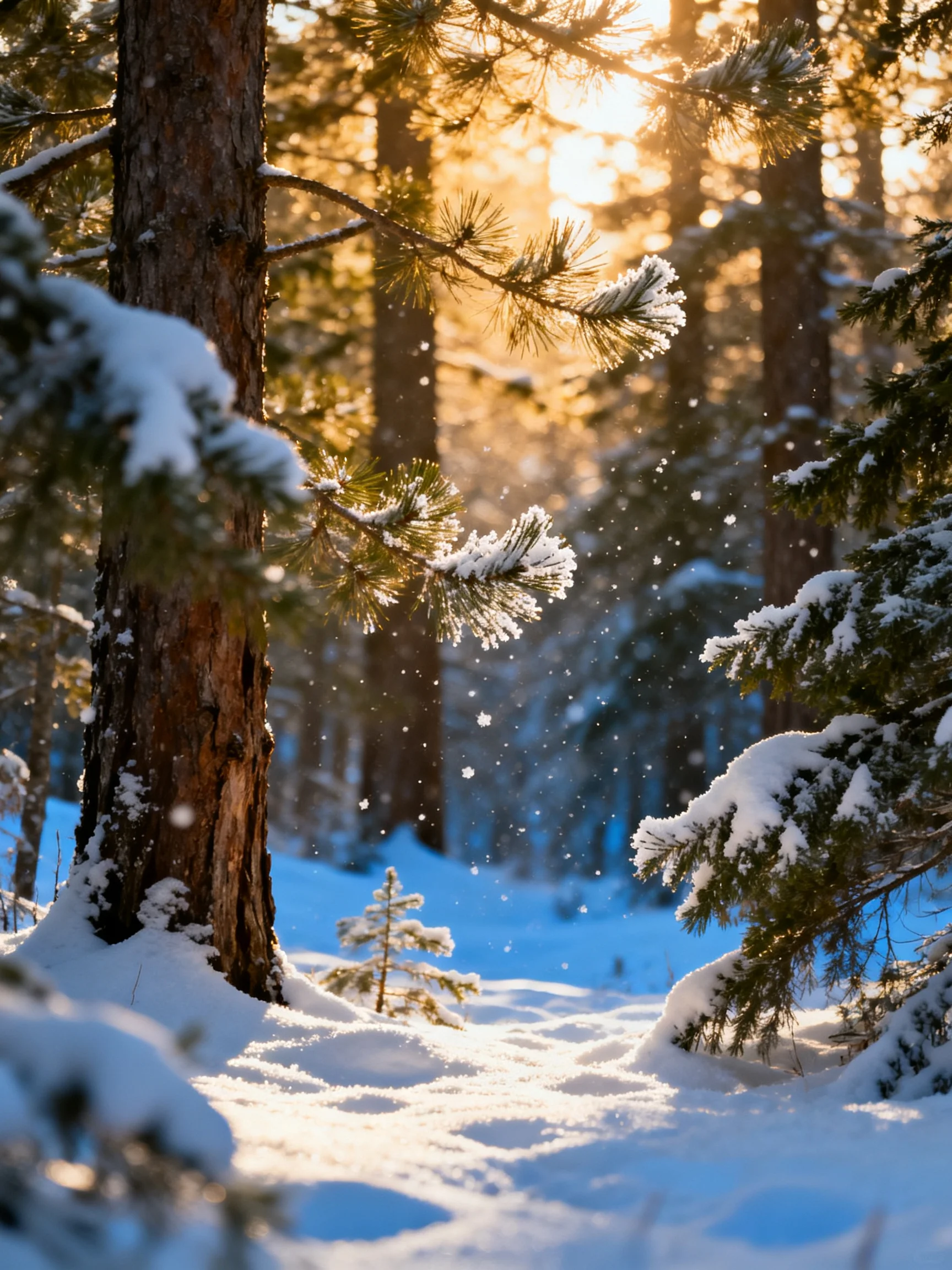 Snow-laden Pine Forest Bathed in Golden Sunset Light