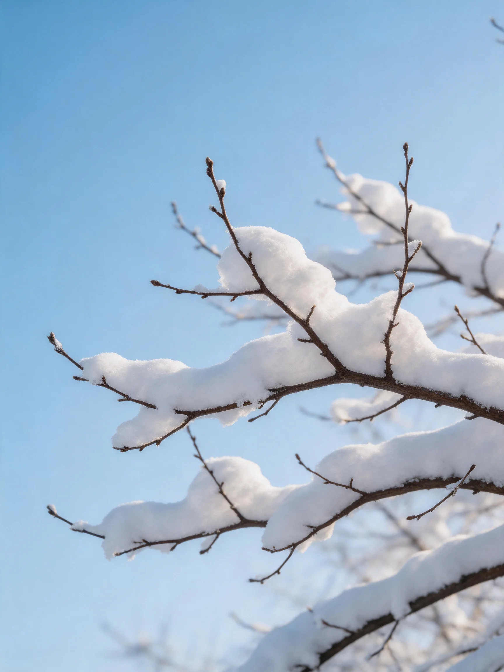 Snow-laden bare branches against a clear blue winter sky