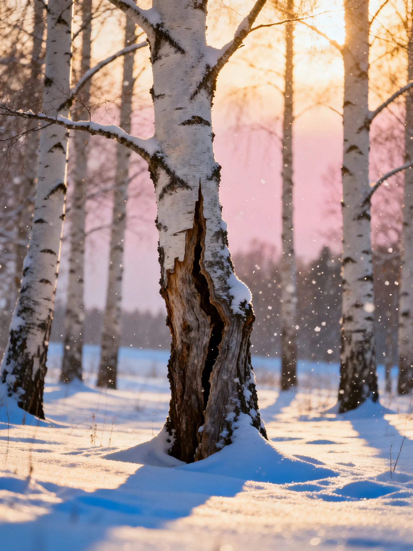 Snow-laden birch trees in a serene winter forest at sunset