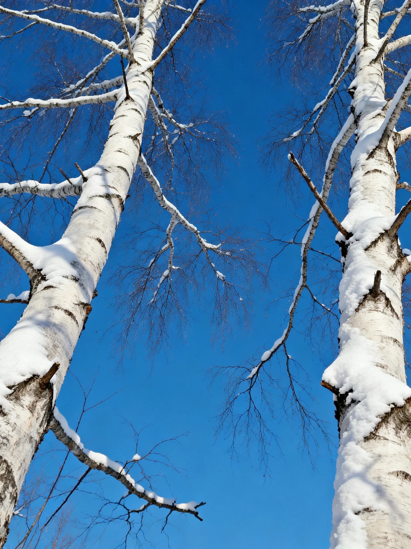 Snow-laden birch trunks rise toward a bright blue winter sky