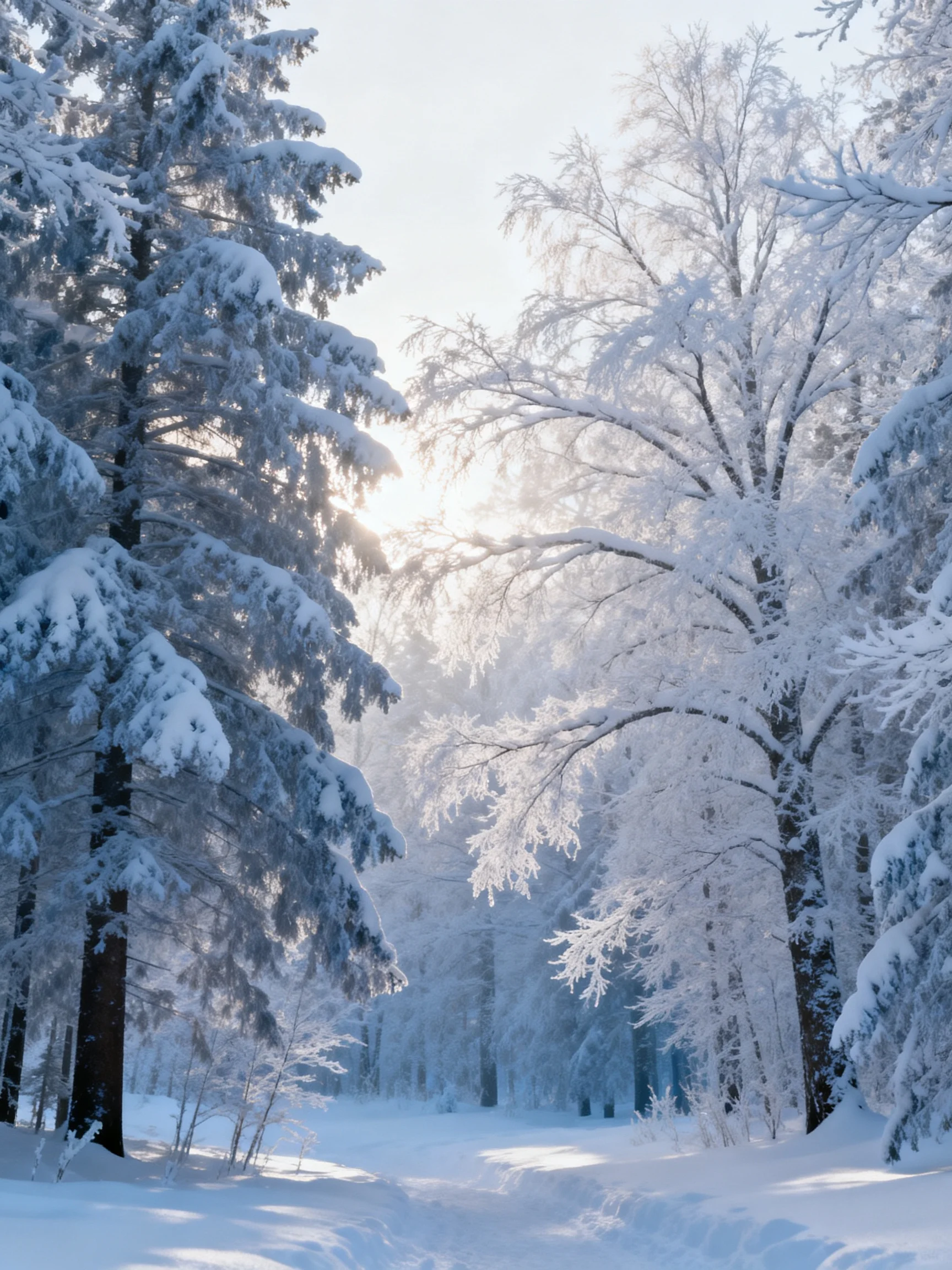 Snow-laden evergreen and birch trees in a sunlit winter forest