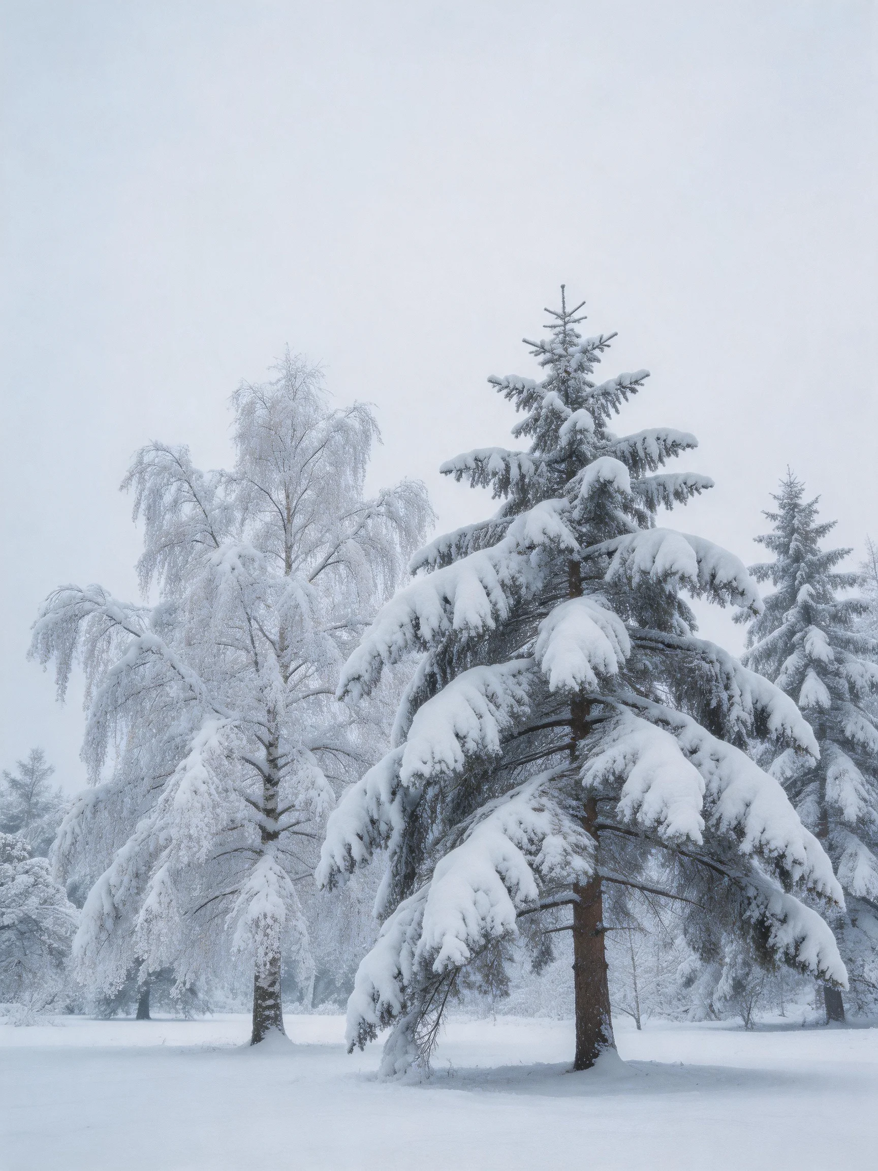 Snow-laden evergreen and birch trees in a tranquil winter landscape
