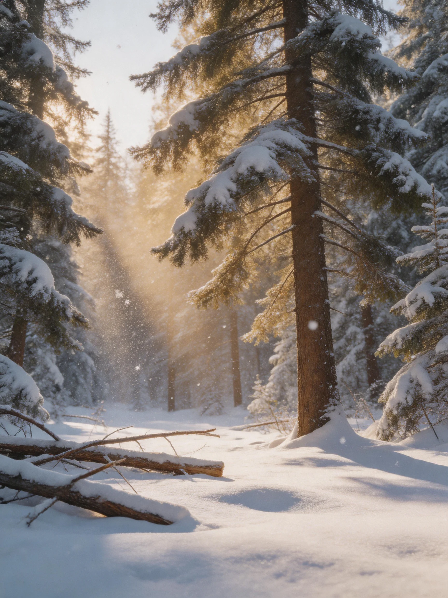 Snow-laden evergreen forest bathed in golden sunlight