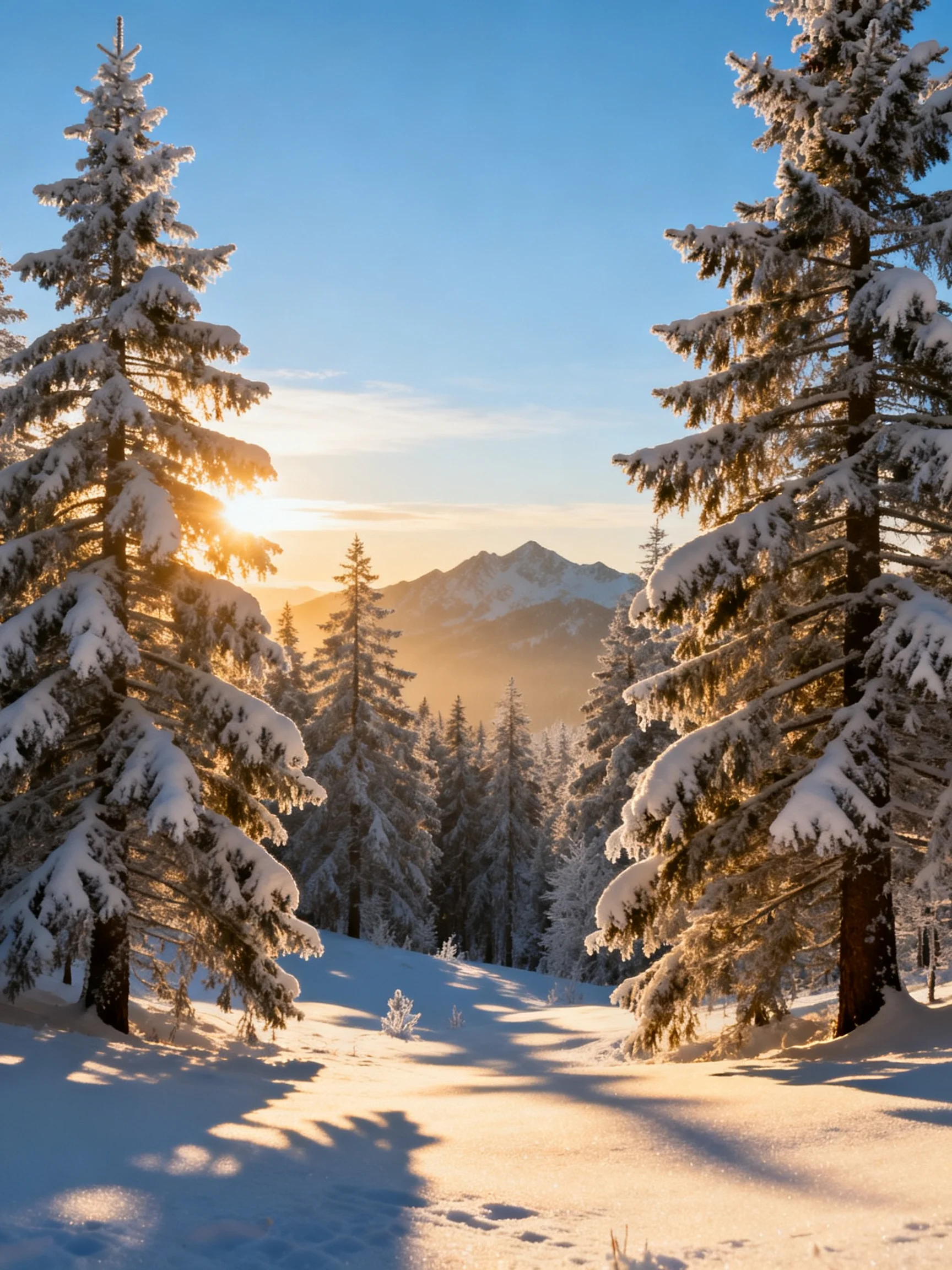 Snow-laden evergreen forest bathed in golden sunrise light