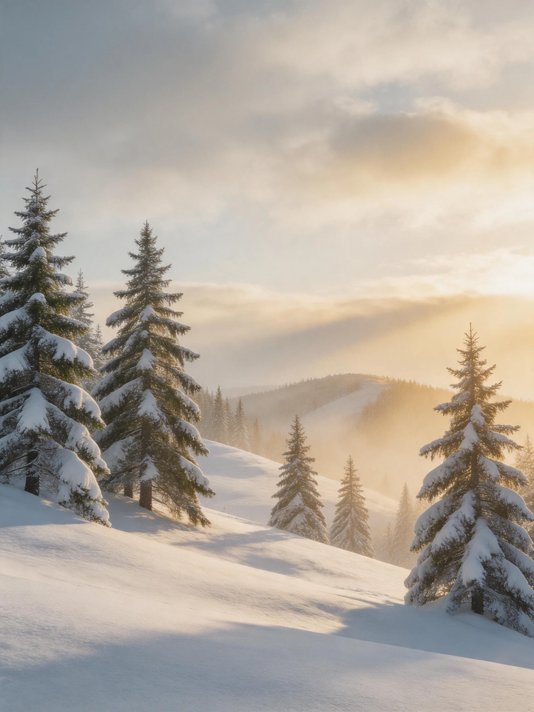 Snow-laden evergreen forest under golden sunrise mist