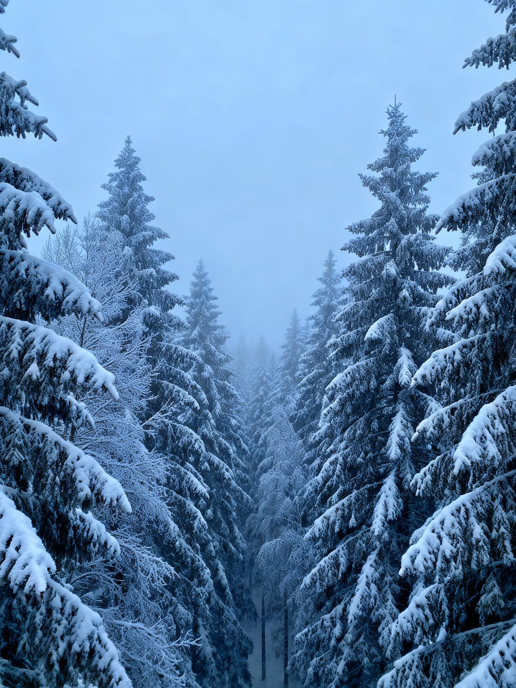 Snow-laden evergreen forest with blue-gray winter tones