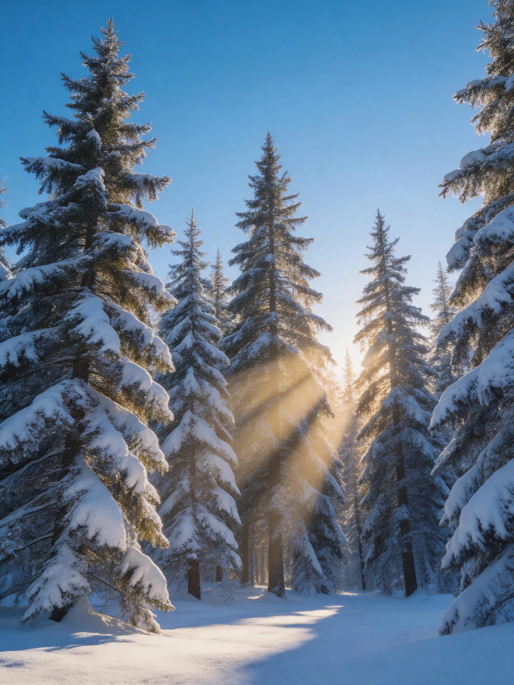 Snow-laden evergreen forest with golden sunbeams and clear blue sky