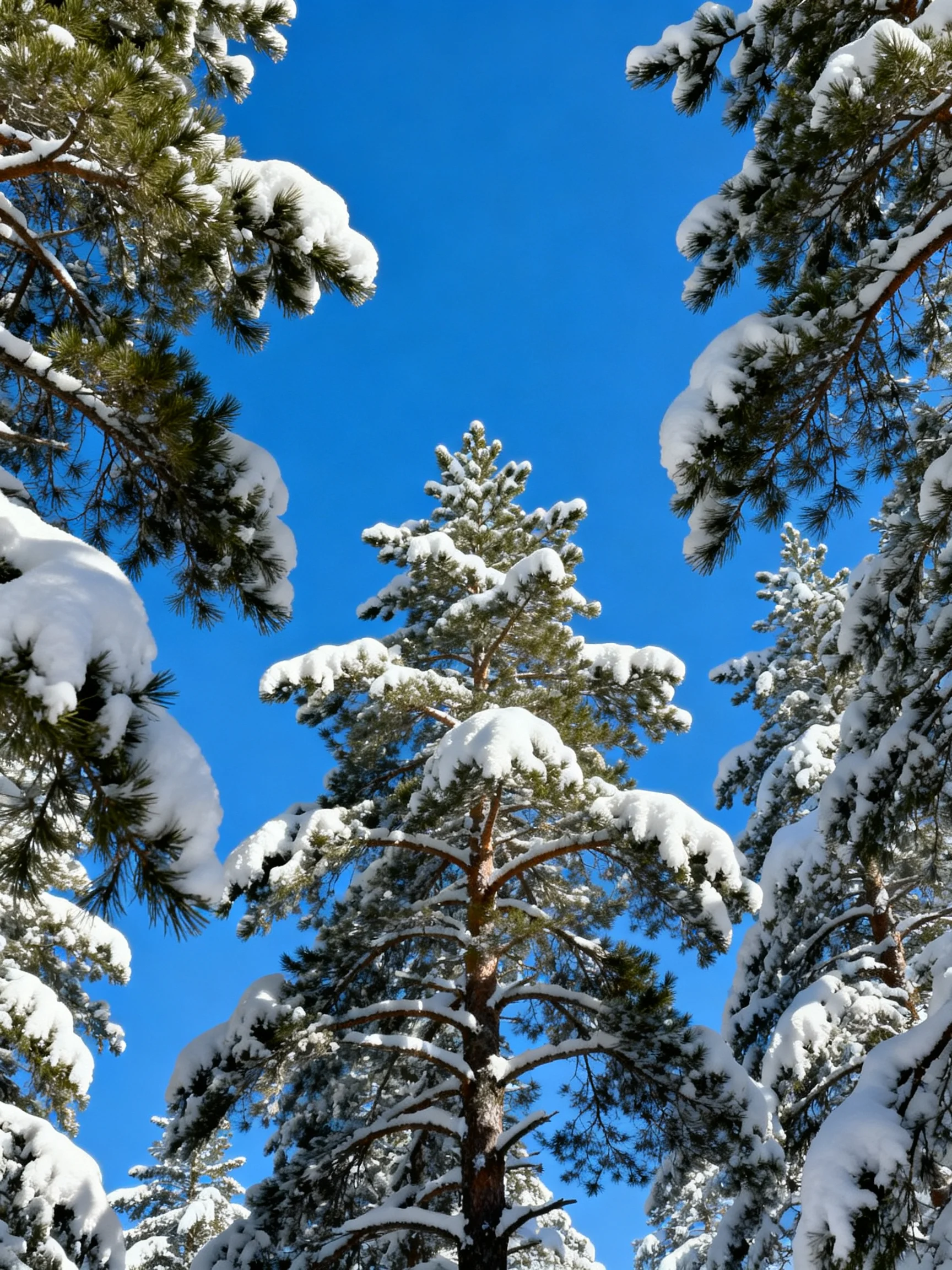 Snow-laden evergreen trees against a vivid blue winter
