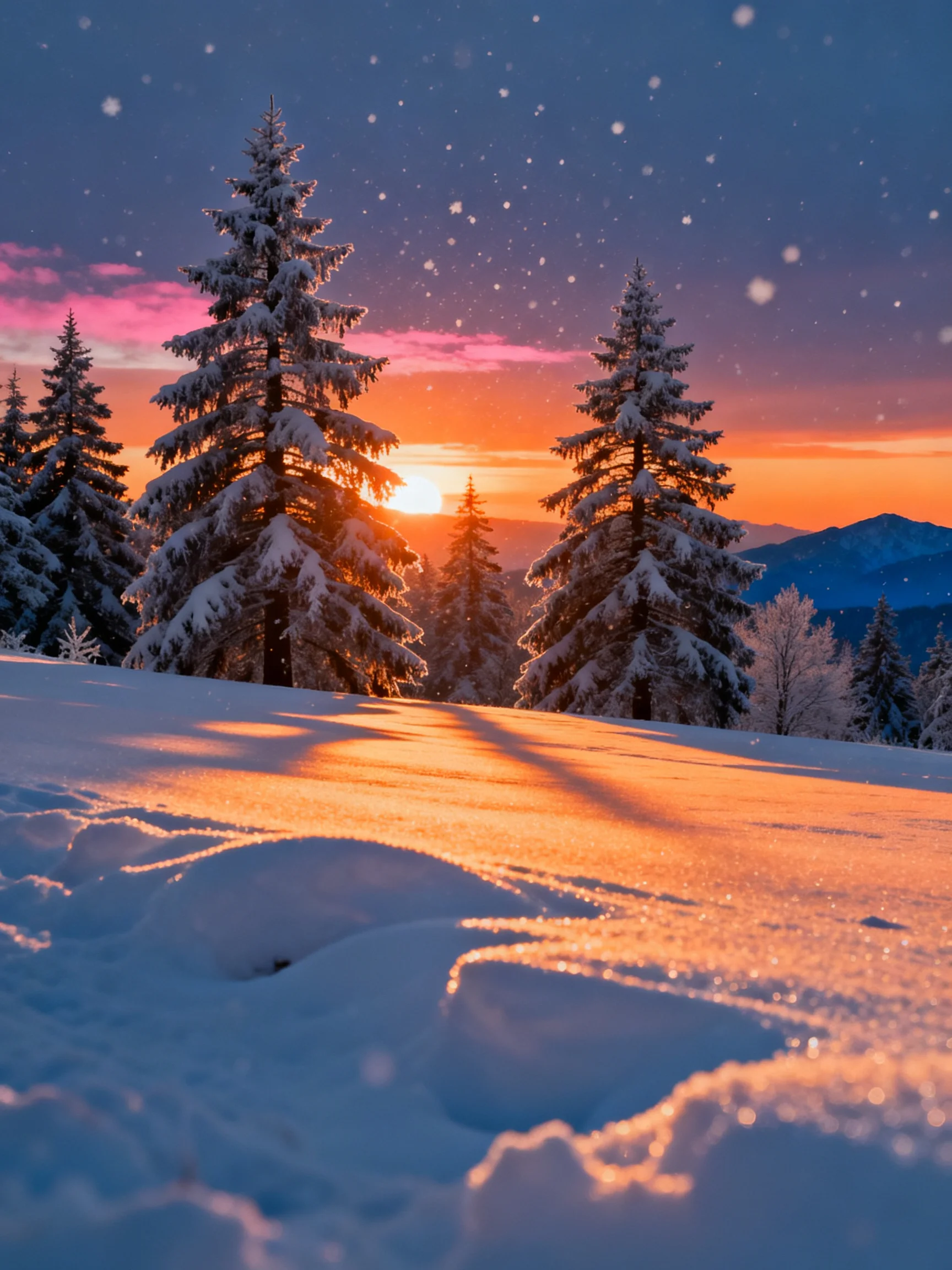 Snow-laden evergreen trees beneath a vibrant sunset sky.