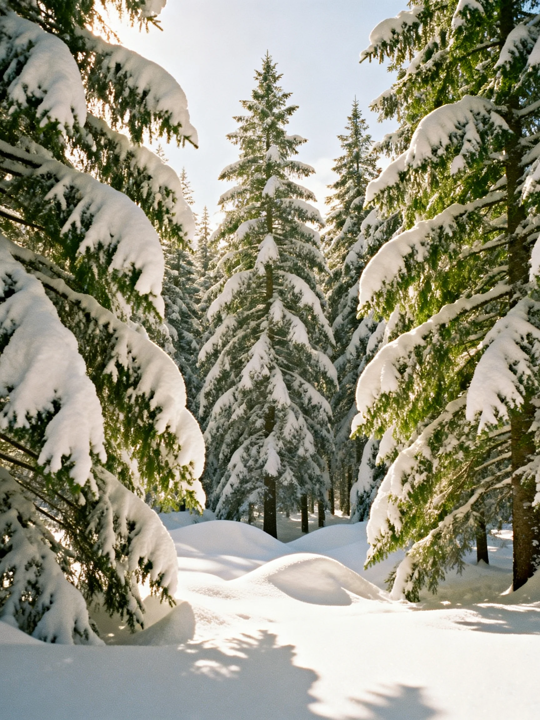 Snow-laden evergreen trees fill a bright winter forest clearing