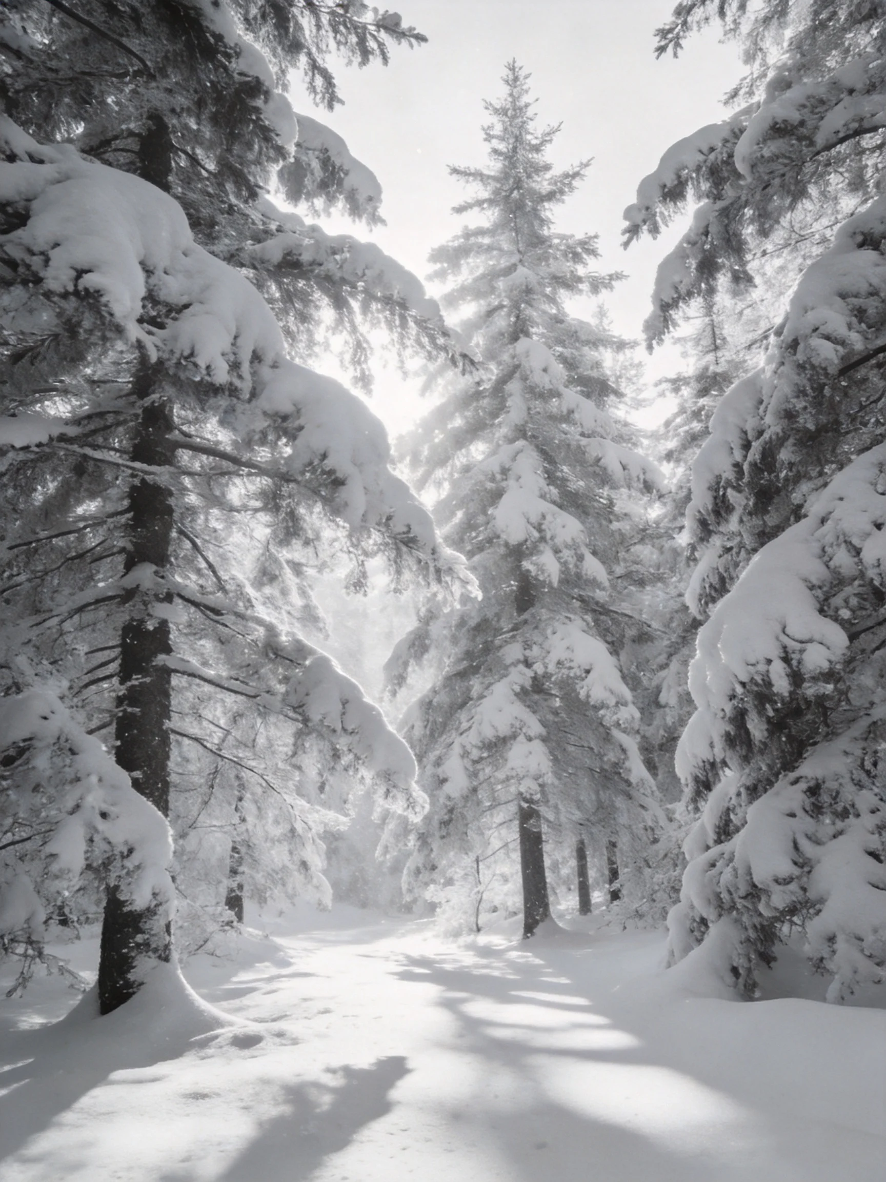 Snow-laden evergreen trees fill a bright winter forest path