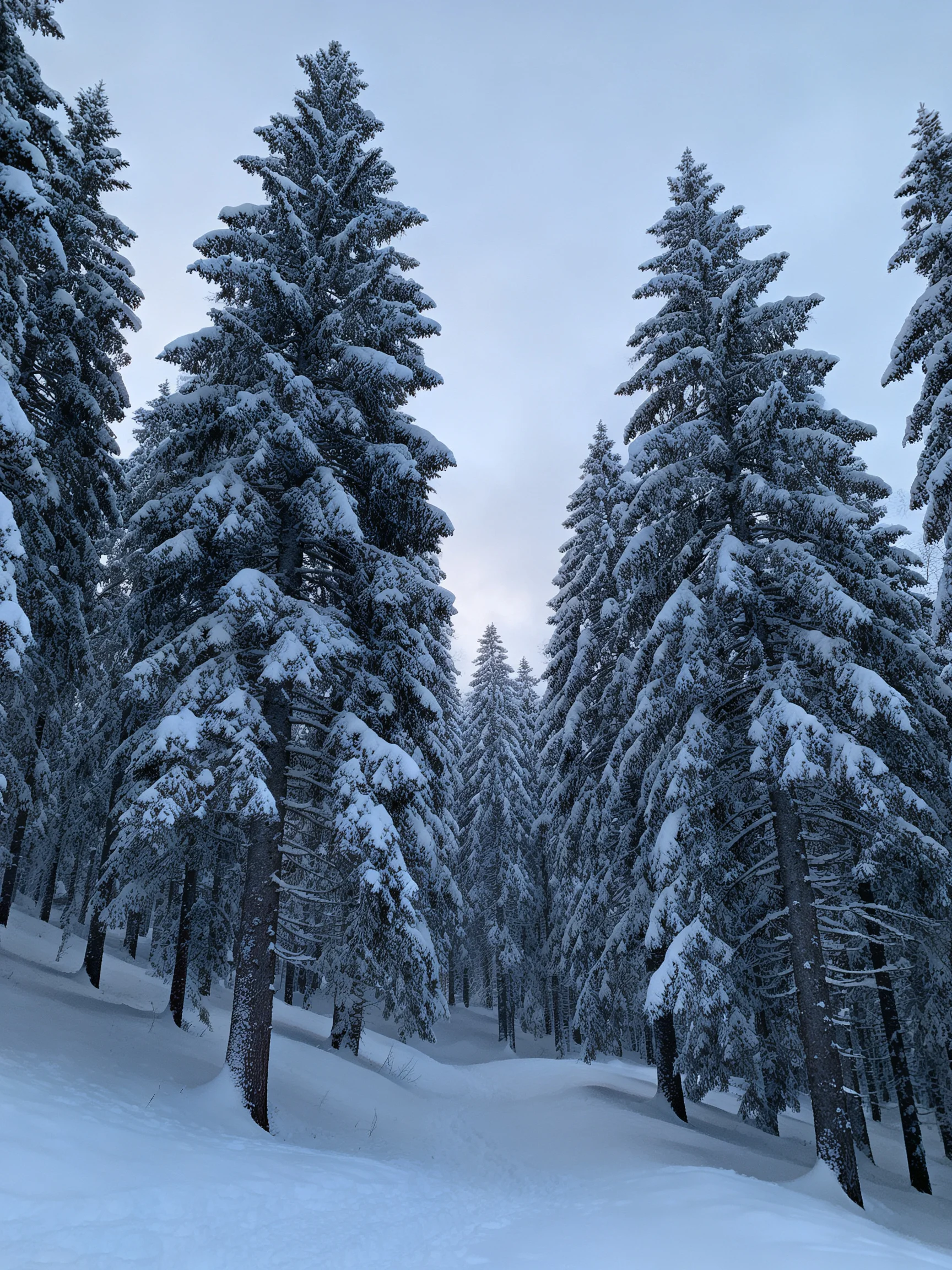 Snow-laden evergreen trees fill a serene winter forest landscape