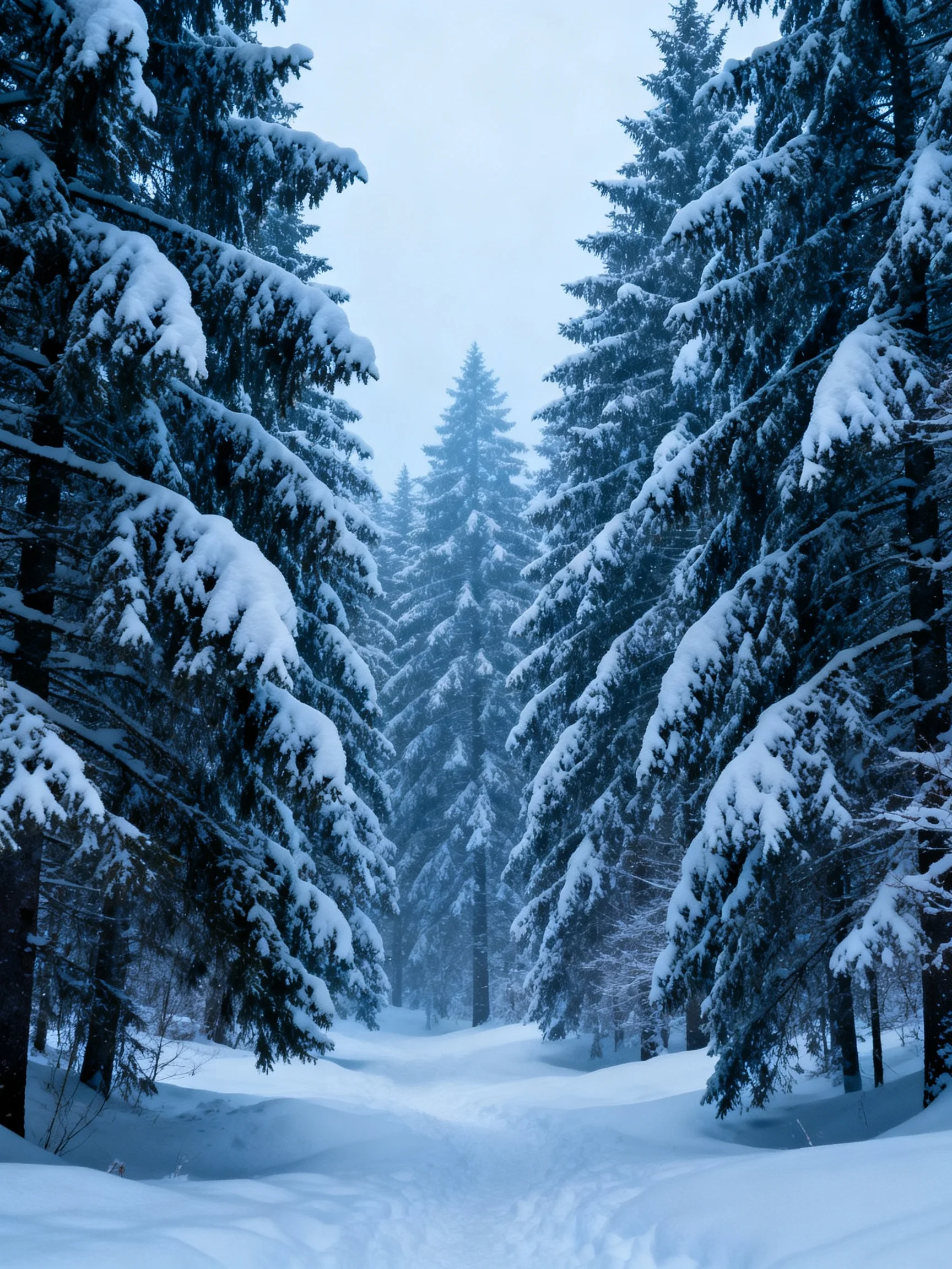 Snow-laden evergreen trees fill a serene winter forest path