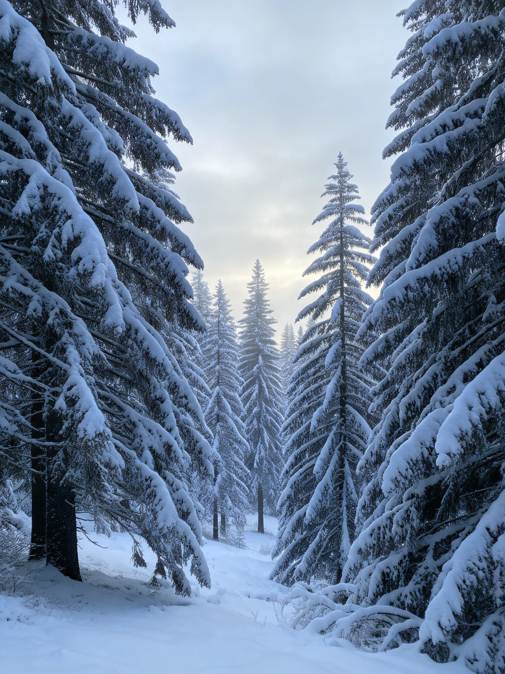 Snow-laden evergreen trees fill a serene winter forest scene