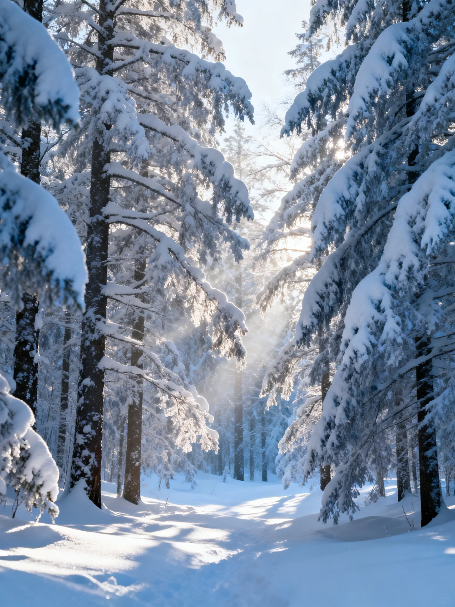 Snow-laden evergreen trees fill a sun-dappled winter forest path