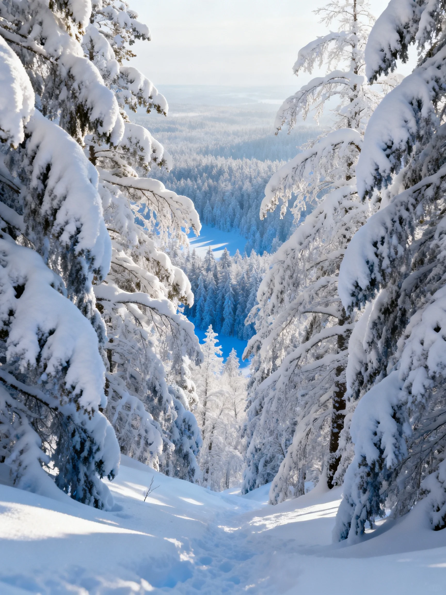 Snow-laden evergreen trees frame a bright winter forest valley