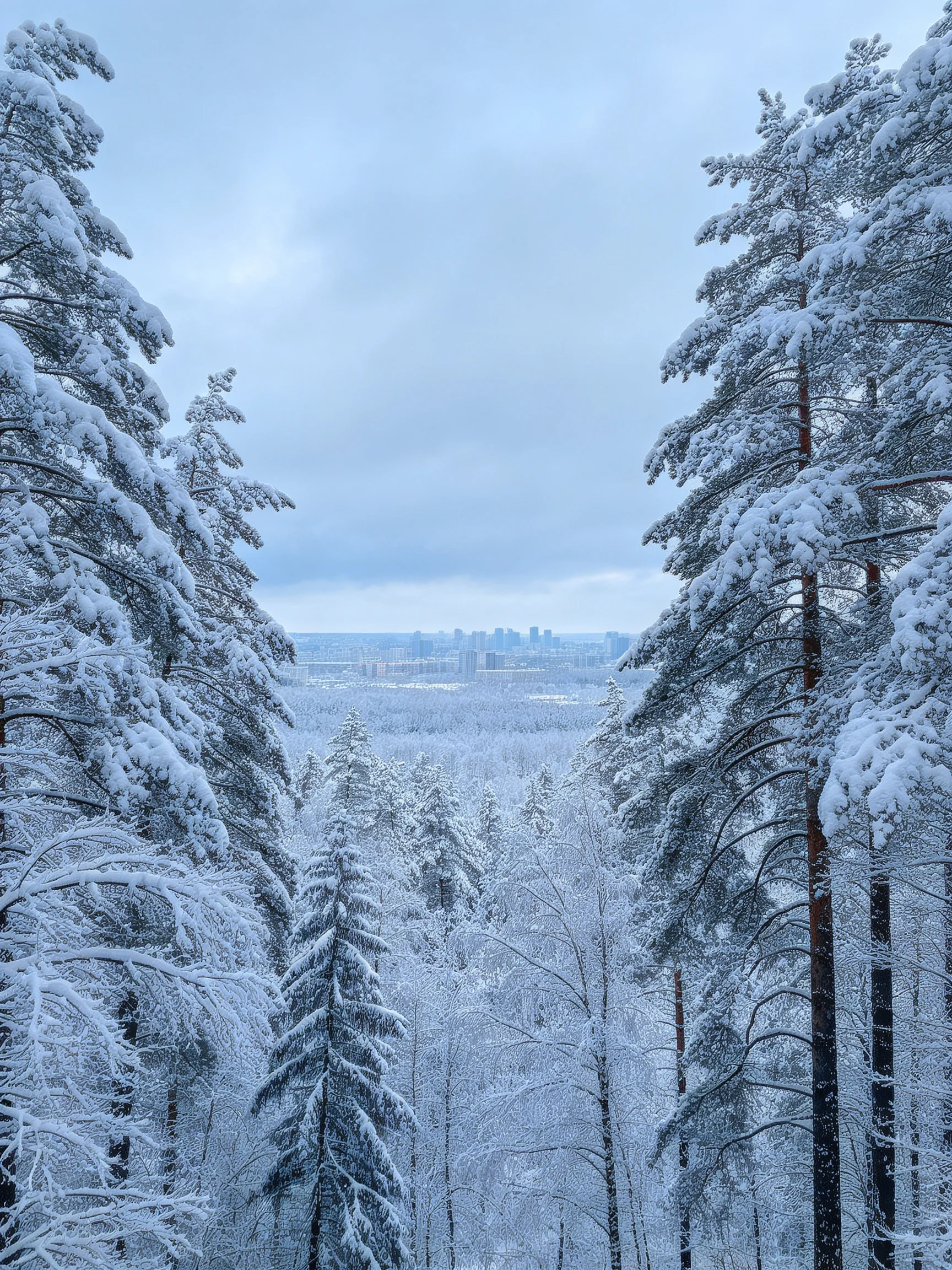 Snow-laden evergreen trees frame a distant urban skyline in wintry landscape