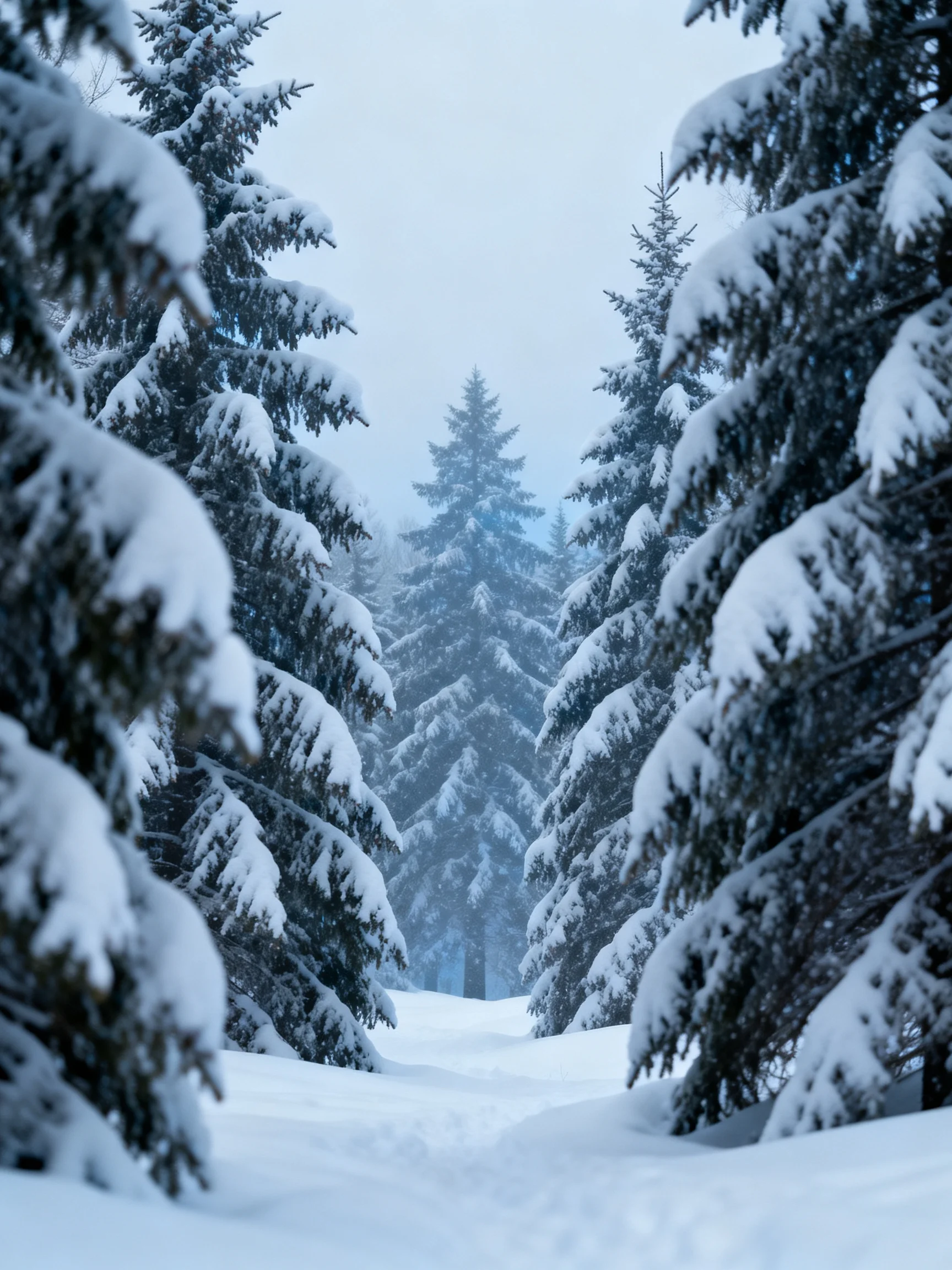 Snow-laden evergreen trees frame a snowy forest path