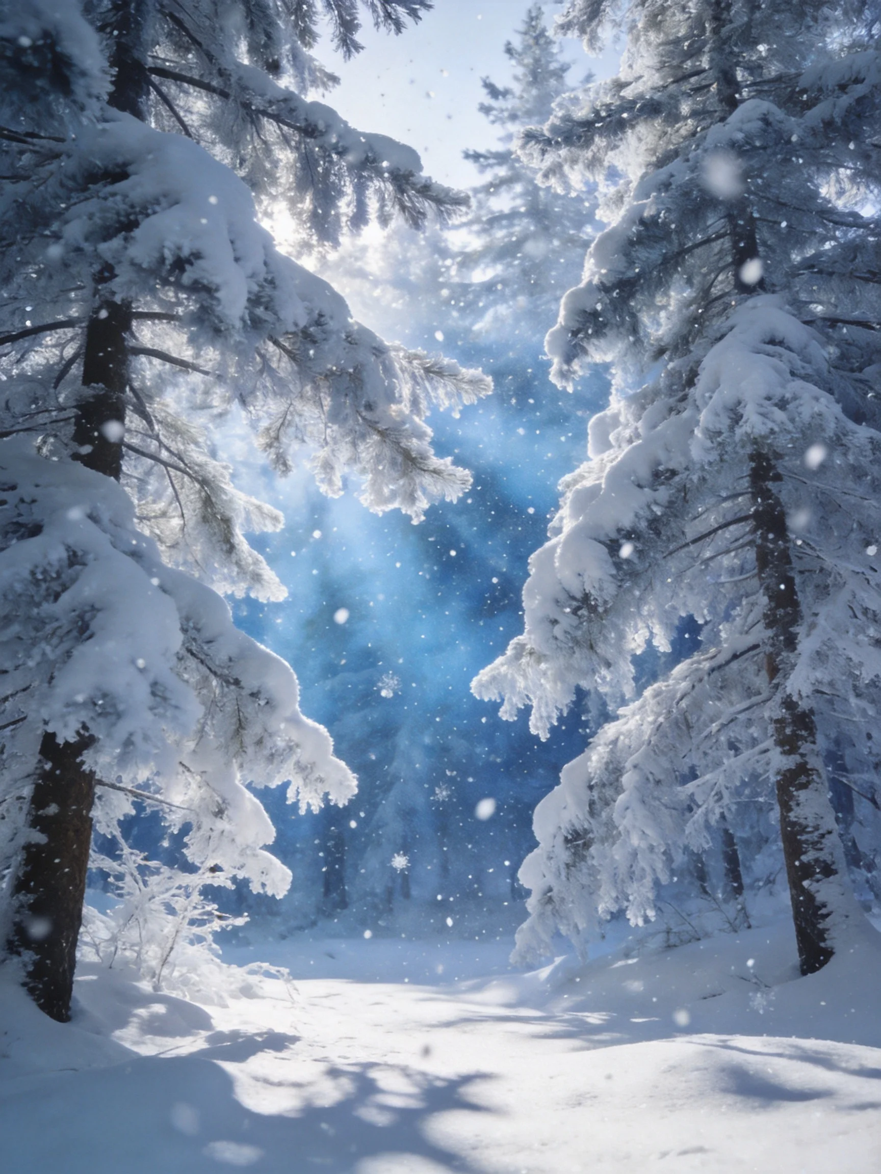 Snow-laden evergreen trees frame a sunlit winter forest path