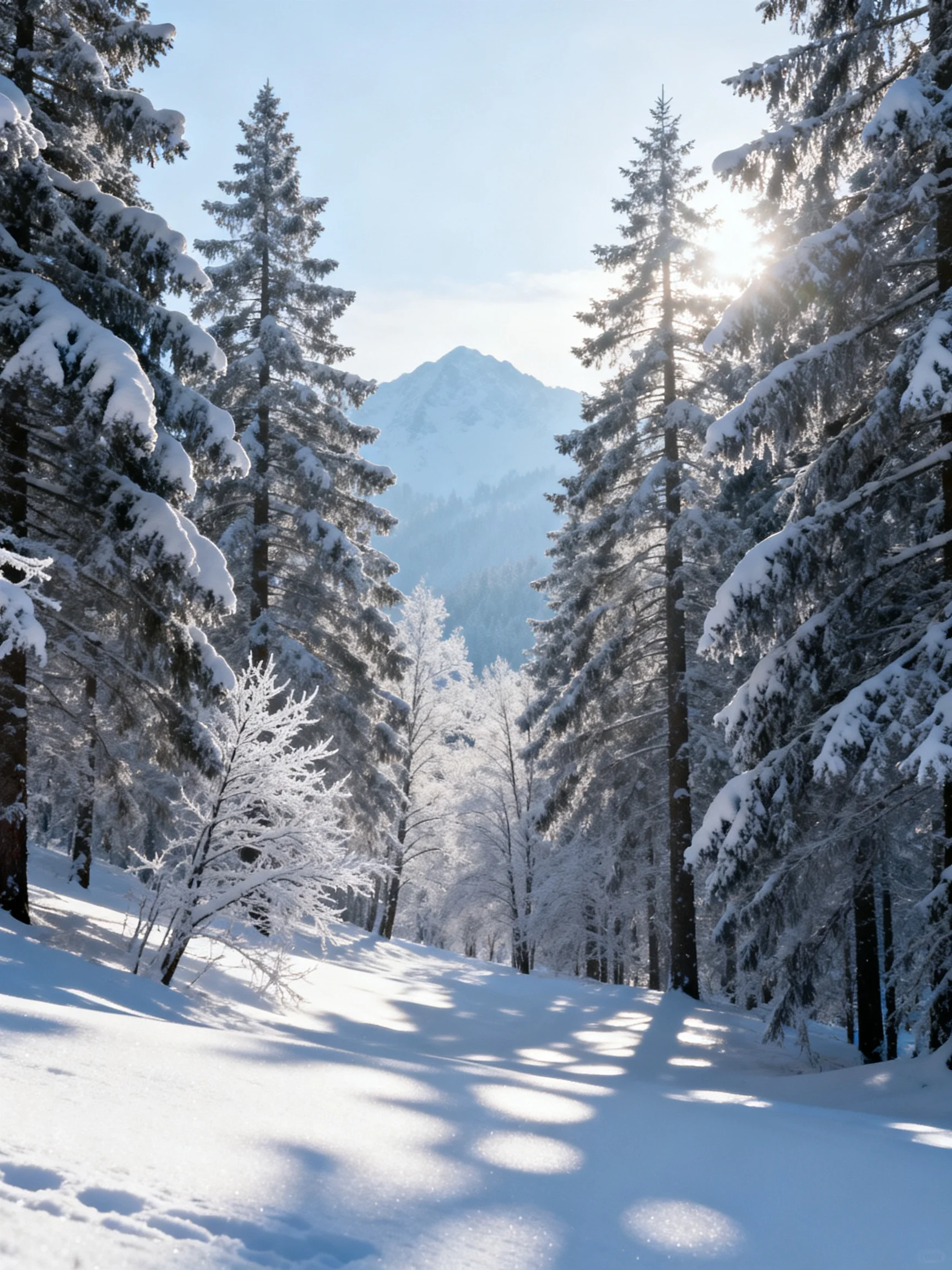 Snow-laden evergreen trees frame a sunlit winter forest path
