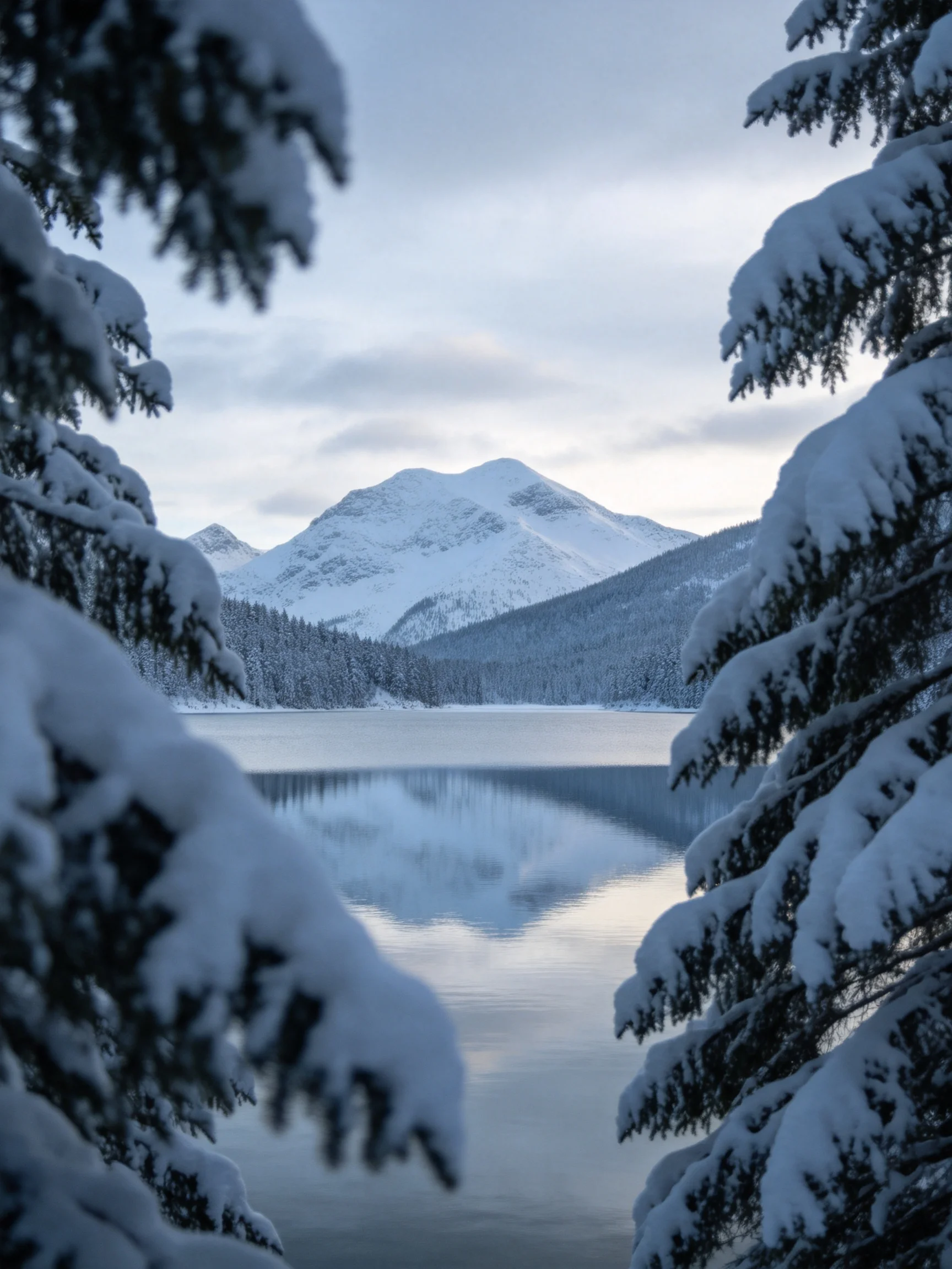 Snow-laden evergreen trees frame a tranquil winter mountain lake