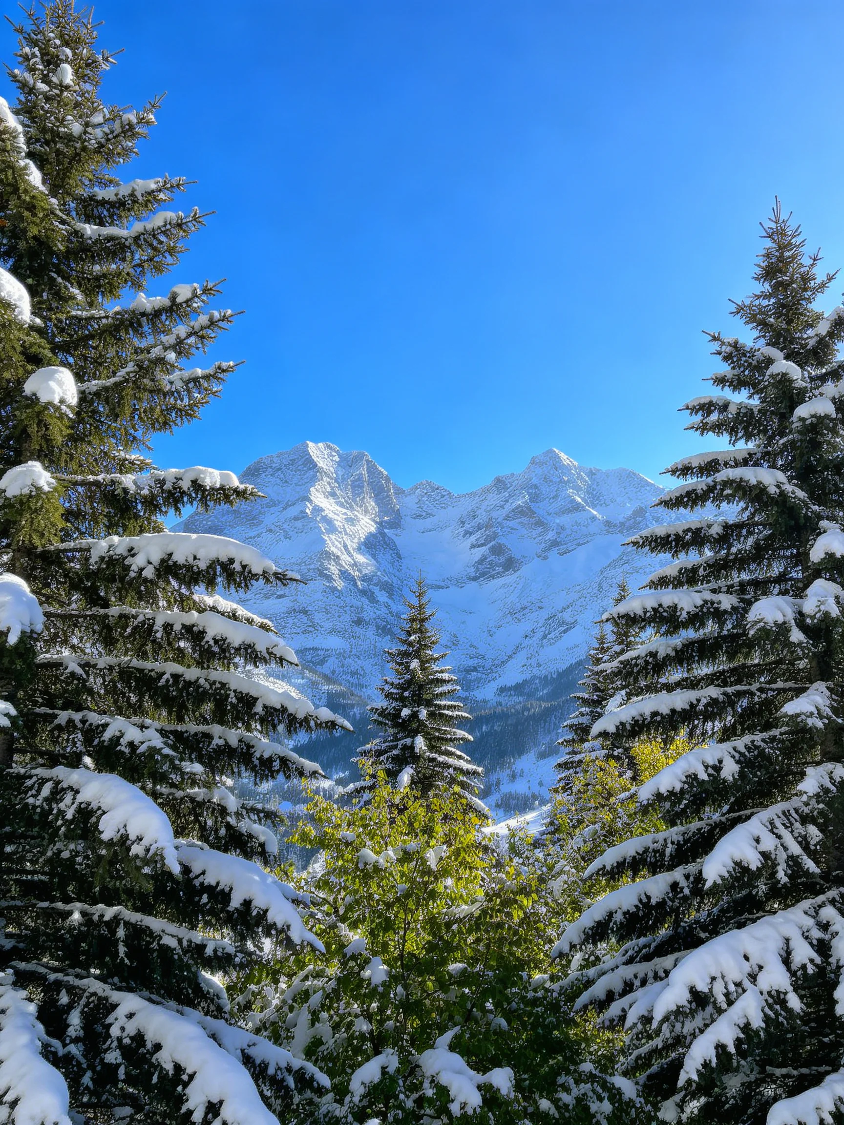 Snow-laden evergreen trees frame majestic mountain peaks under clear blue sky