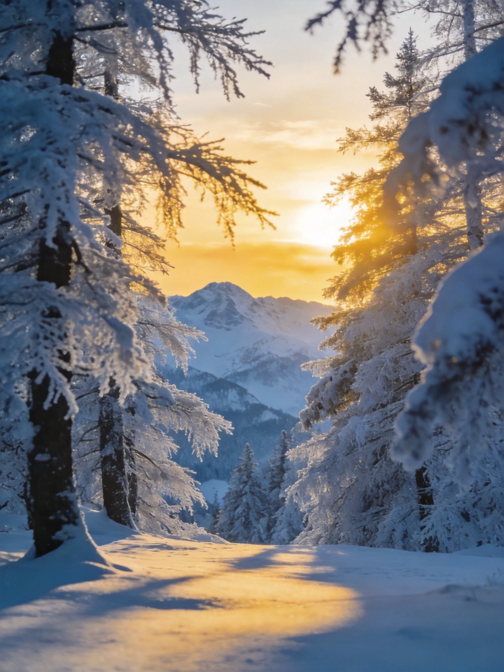 Snow-laden evergreen trees frame mountainous winter sunset scene