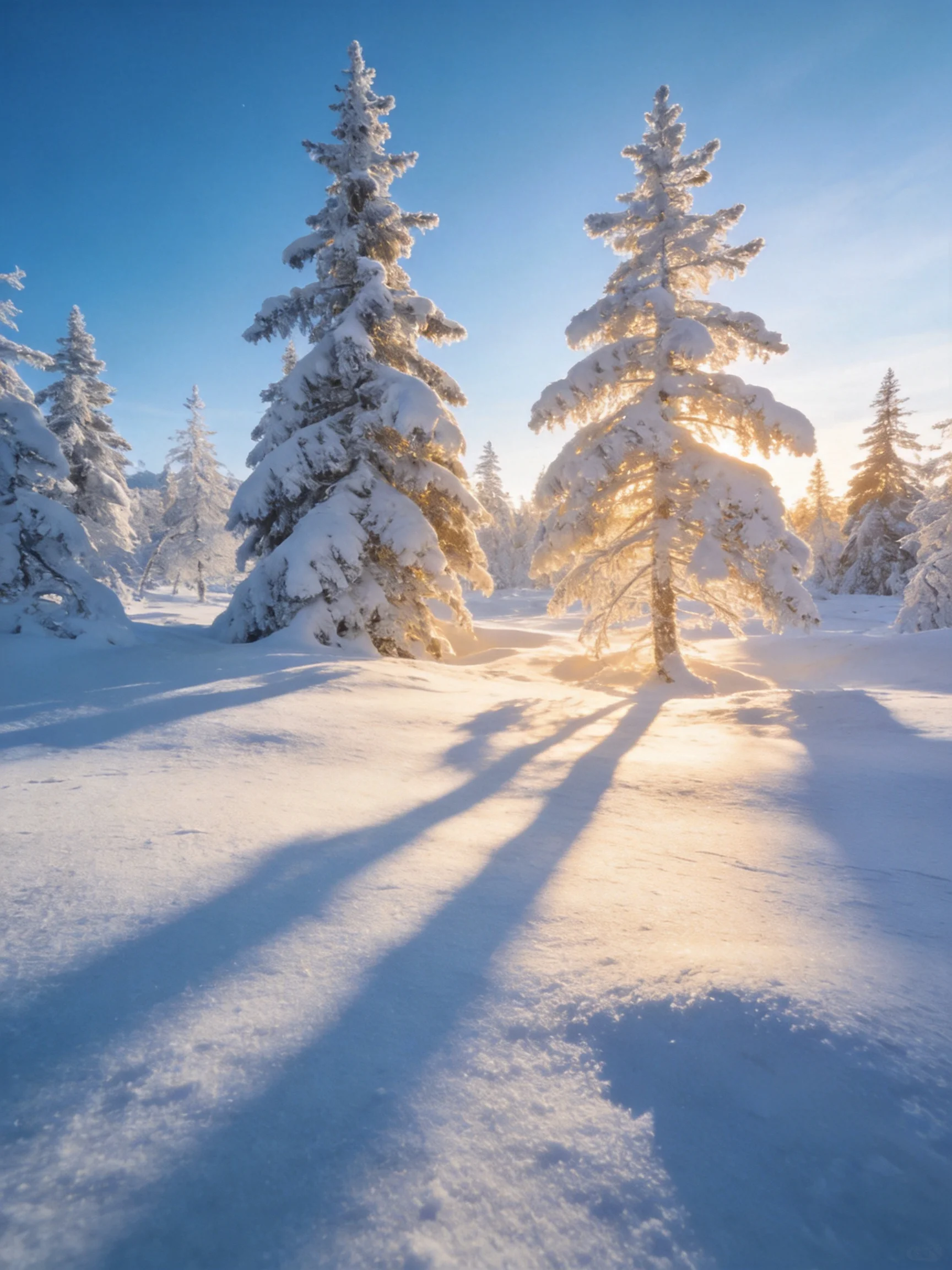 Snow-laden evergreen trees glow under a clear blue winter sky