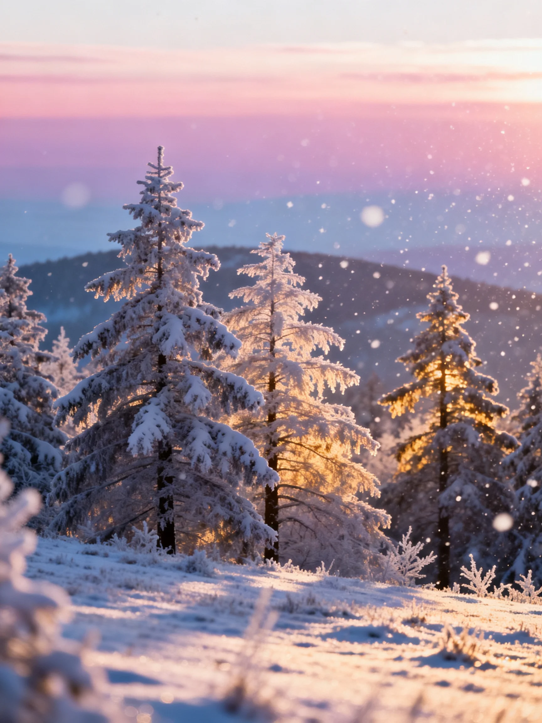 Snow-laden evergreen trees glow under a pink-tinted twilight sky