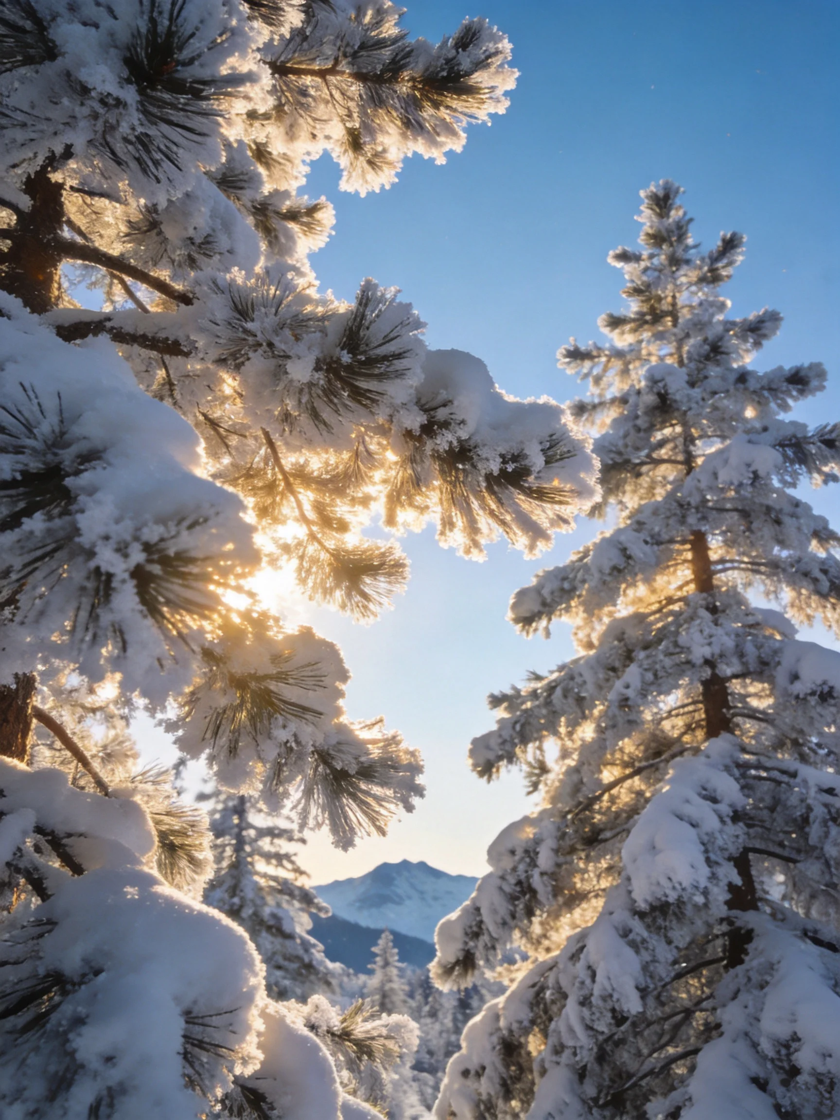 Snow-laden evergreen trees glow under golden sunlight near distant mountains