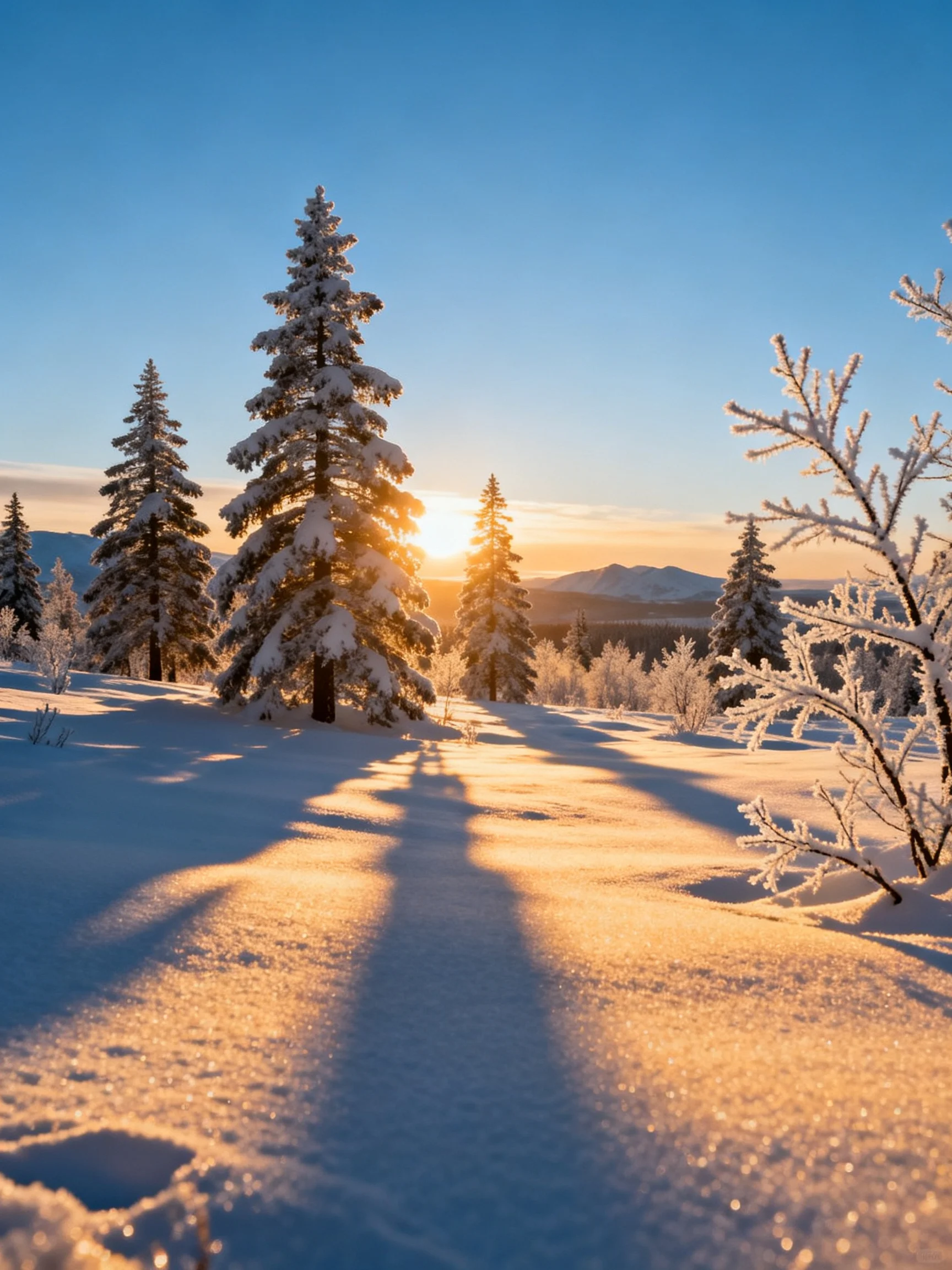 Snow-laden evergreen trees glow under golden sunset with clear blue sky