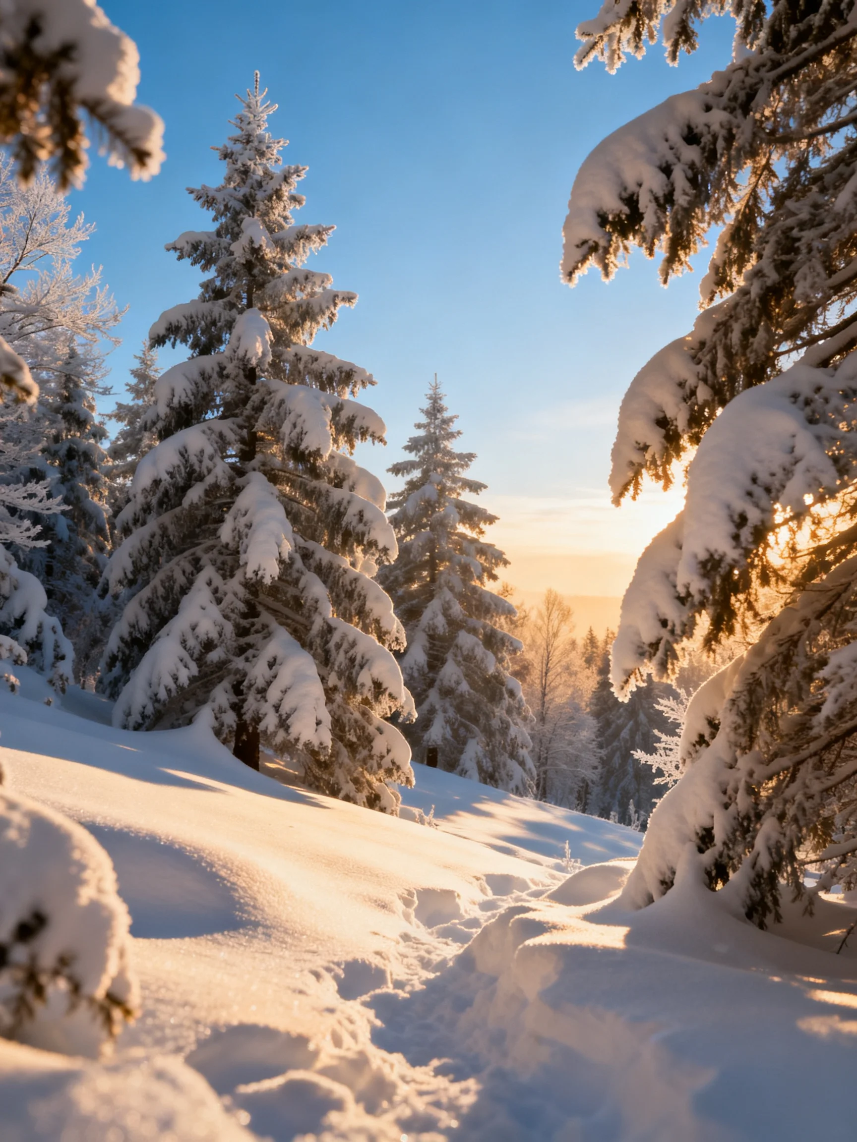 Snow-laden evergreen trees glow with golden light amid a clear blue sky
