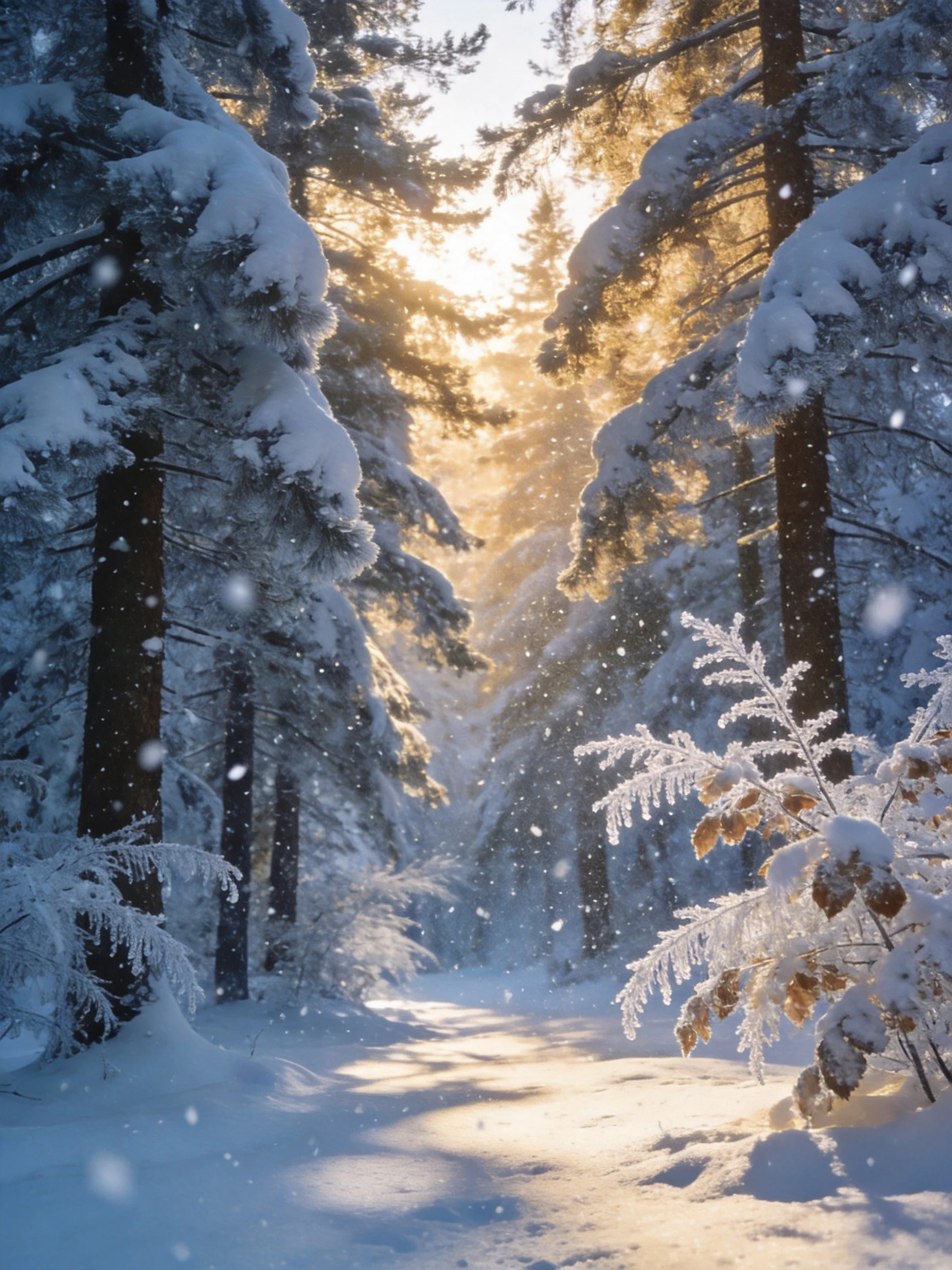 Snow-laden evergreen trees illuminated by golden sunlight