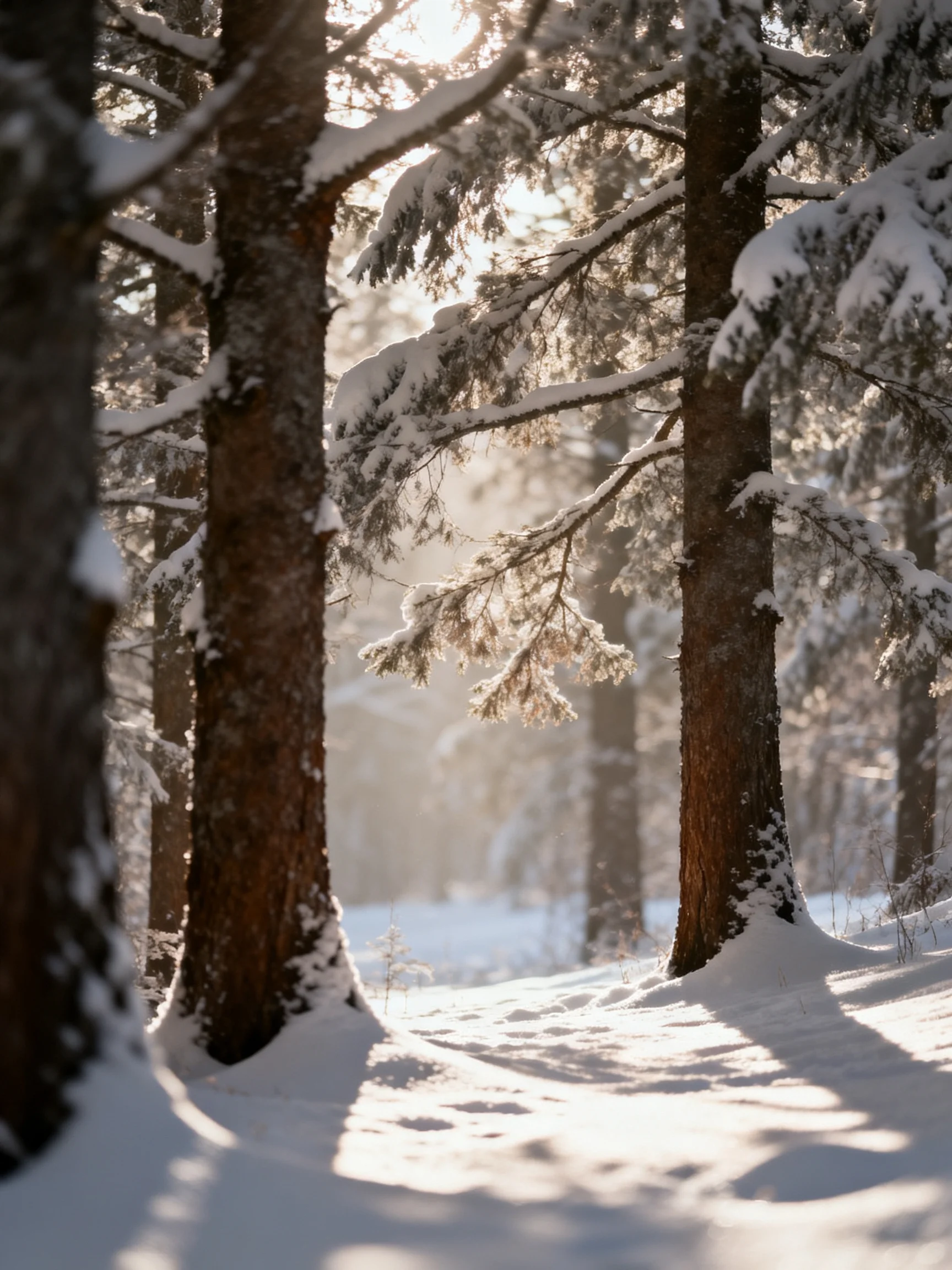 Snow-laden evergreen trees in a sun-dappled winter forest