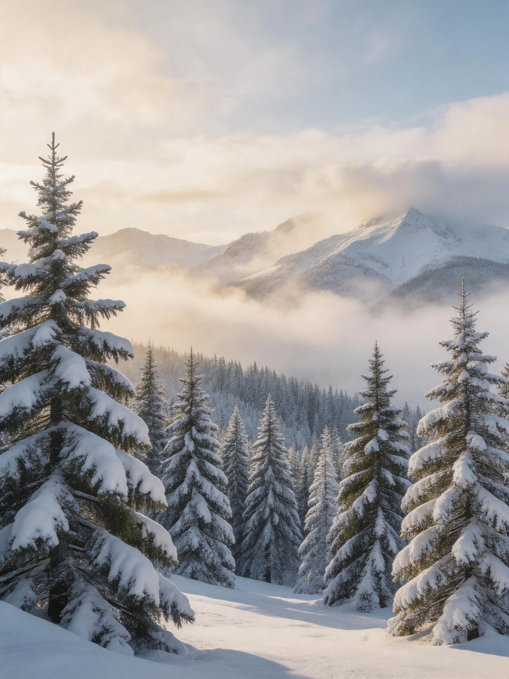 Snow-laden evergreen trees near misty mountain peaks